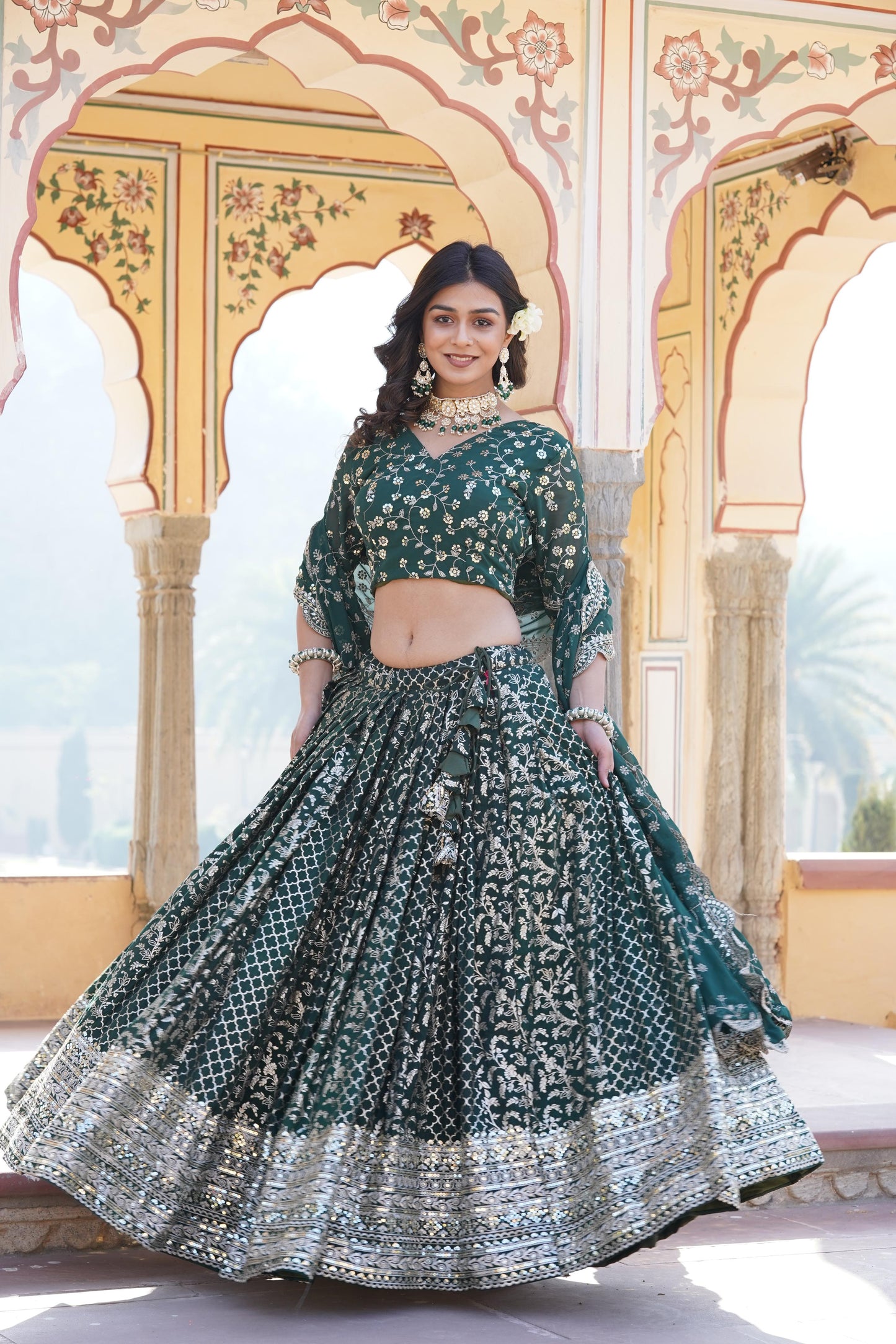 Delightful Jacquard Pink, Green And Wine Color Lehenga Choli