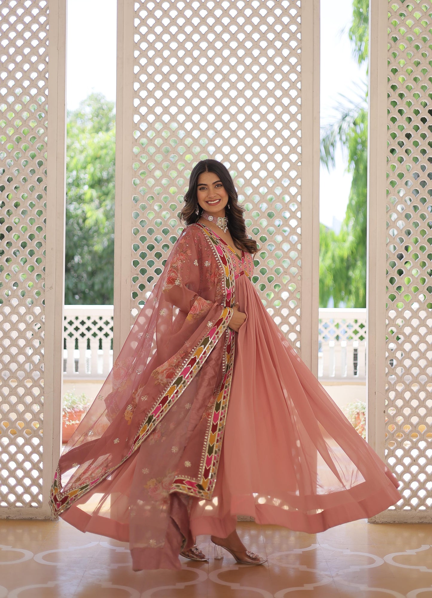 Mesmerizing Georgette Sequence Work Pista, Mehndi And Sky Color Gown