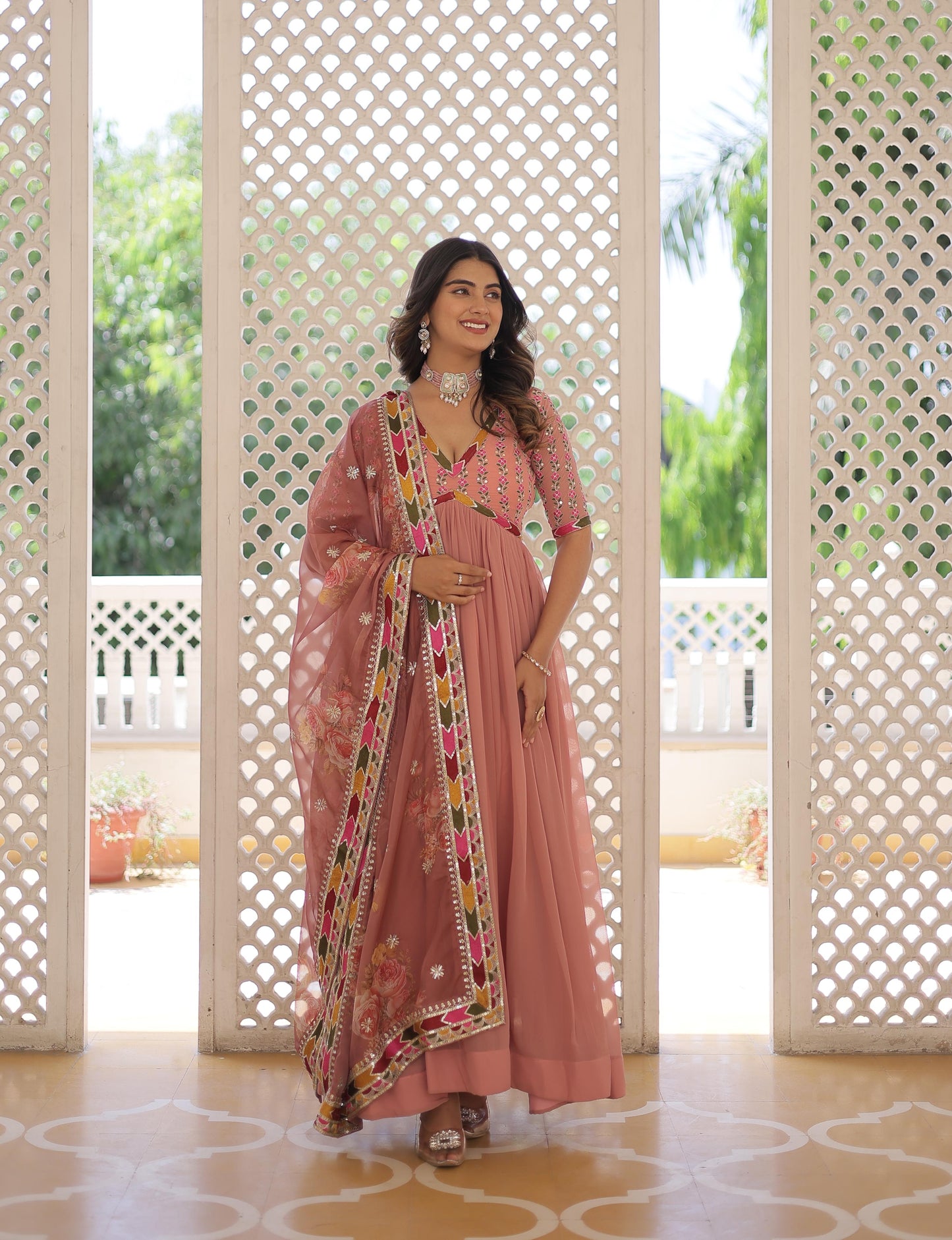 Mesmerizing Georgette Sequence Work Pista, Mehndi And Sky Color Gown