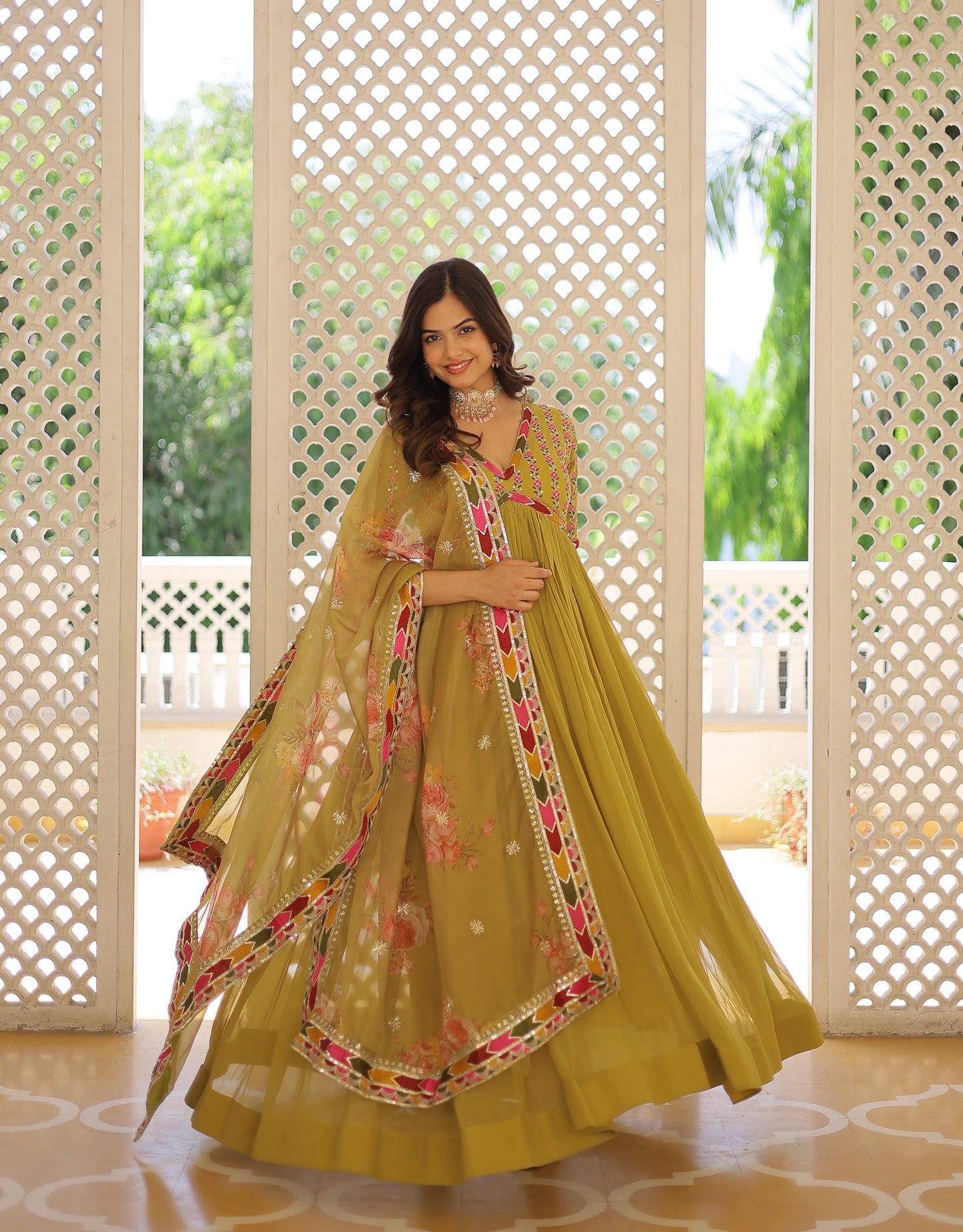 Mesmerizing Georgette Sequence Work Pista, Mehndi And Sky Color Gown