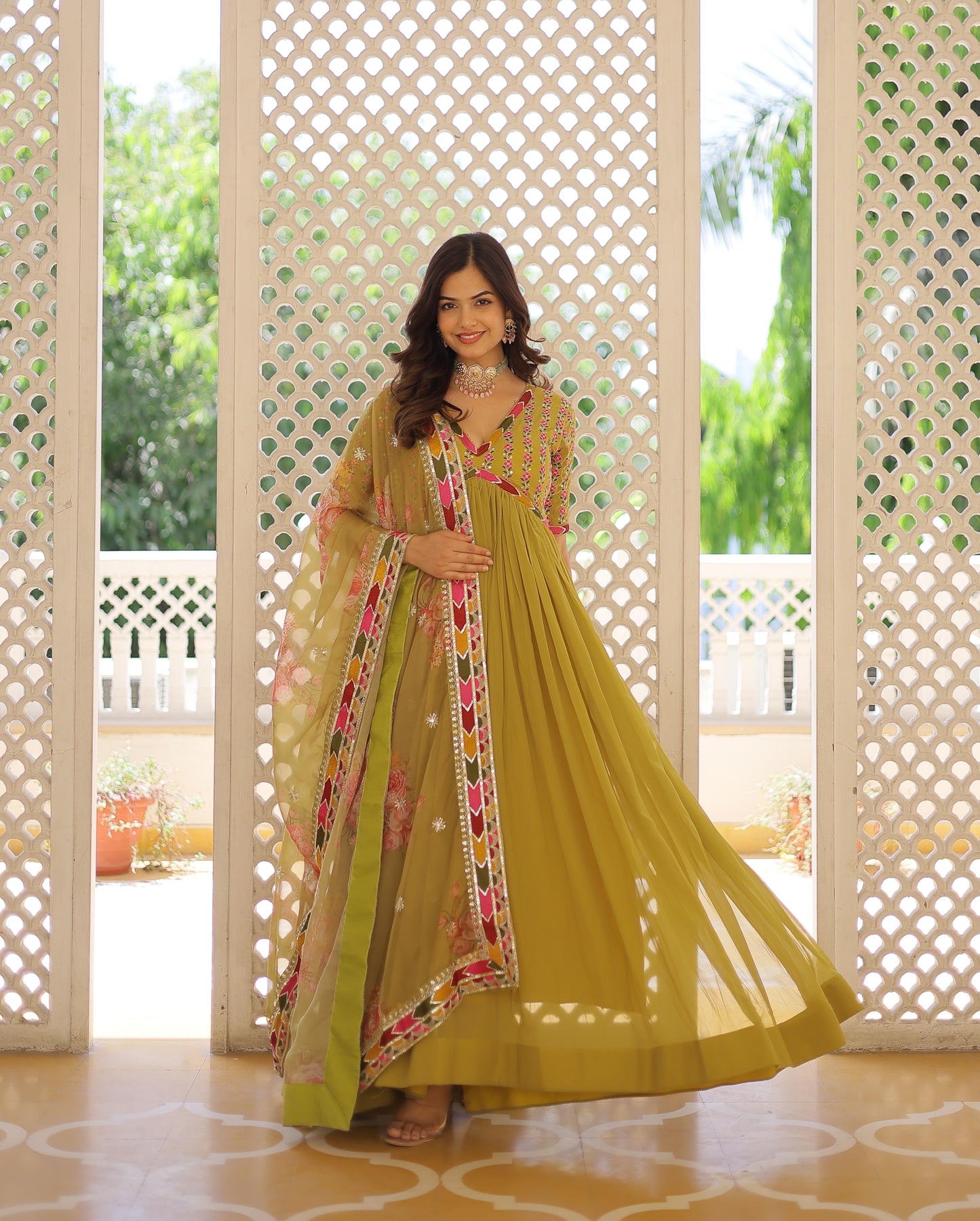 Mesmerizing Georgette Sequence Work Pista, Mehndi And Sky Color Gown