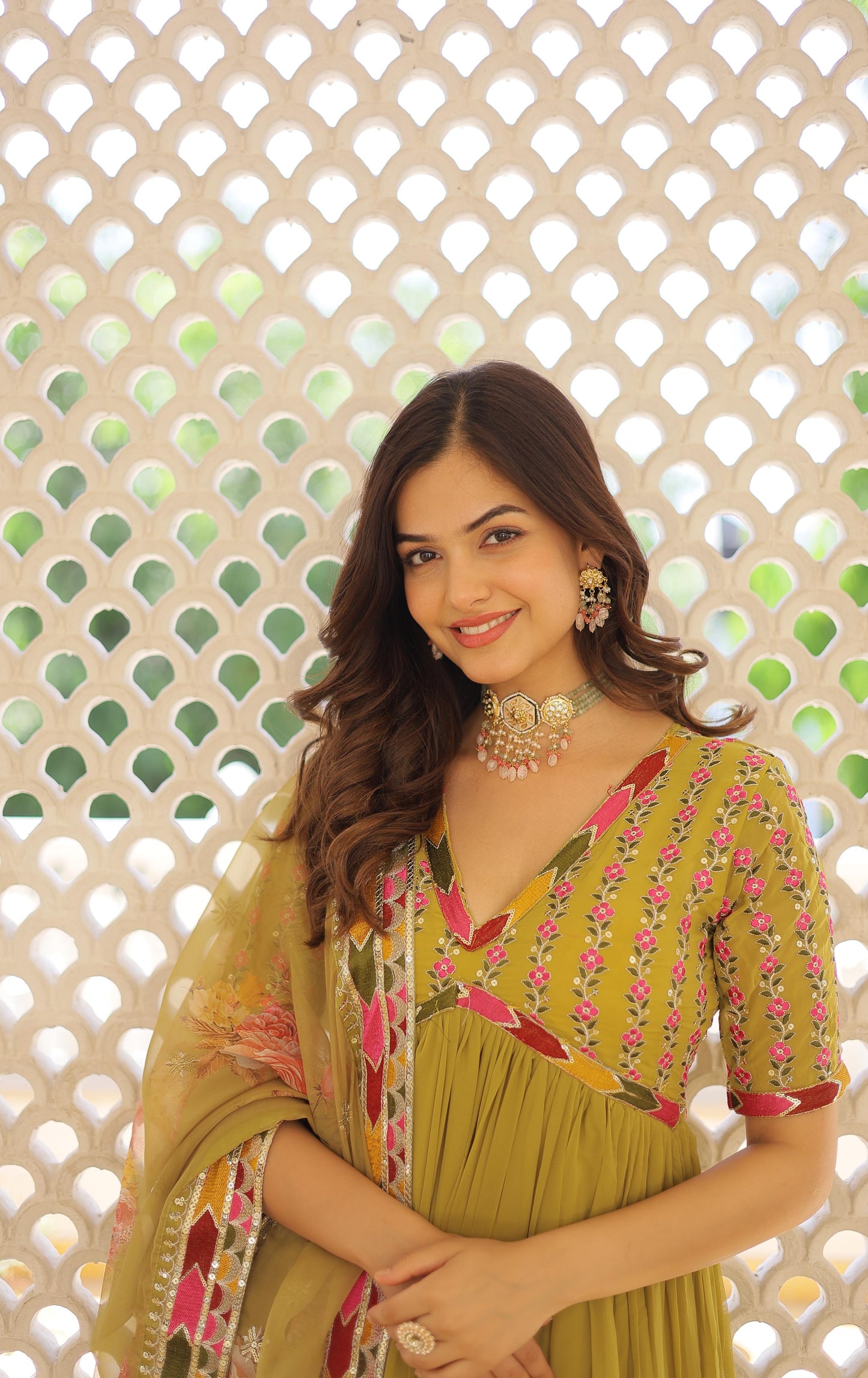 Mesmerizing Georgette Sequence Work Pista, Mehndi And Sky Color Gown