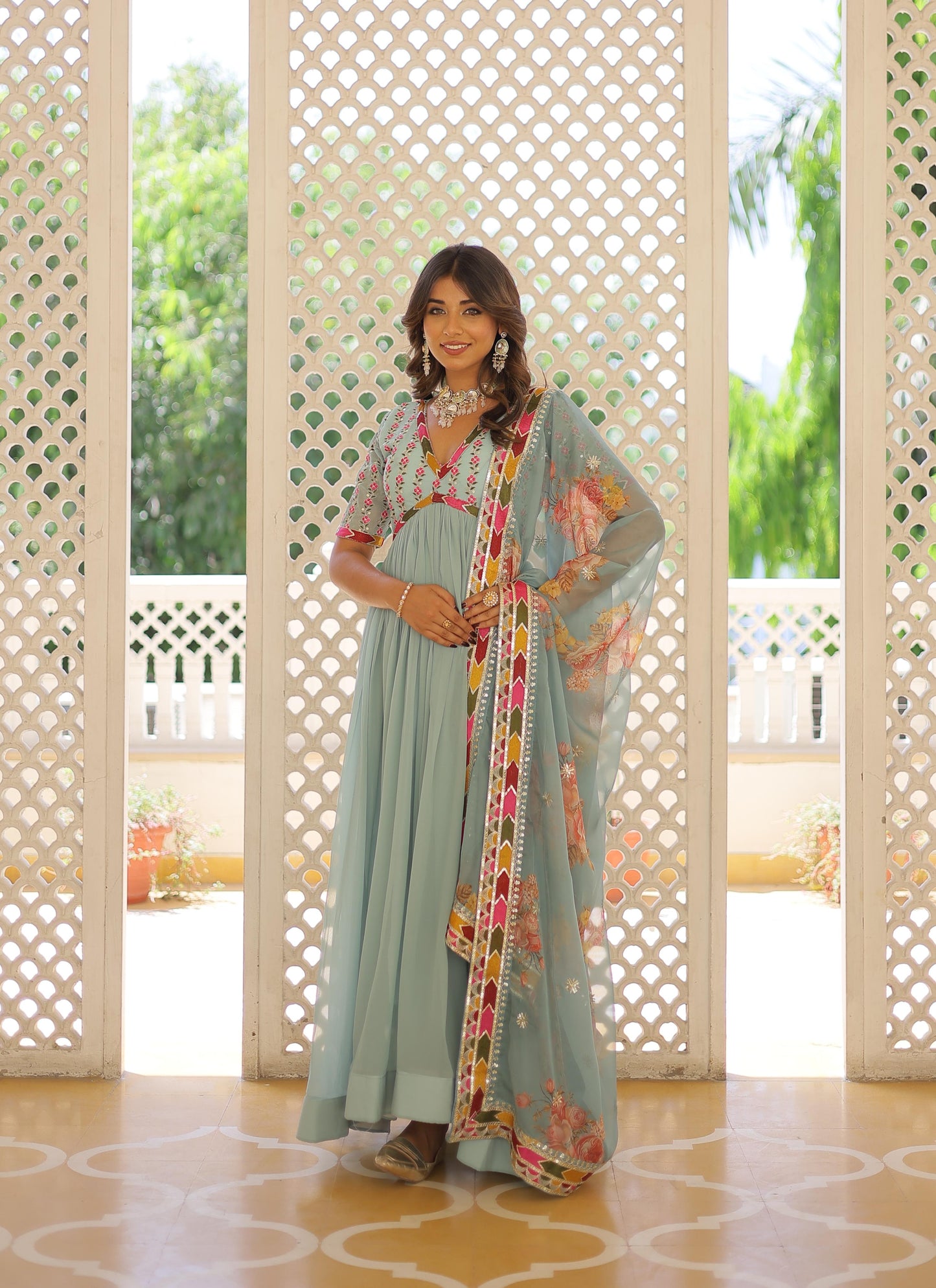 Mesmerizing Georgette Sequence Work Pista, Mehndi And Sky Color Gown