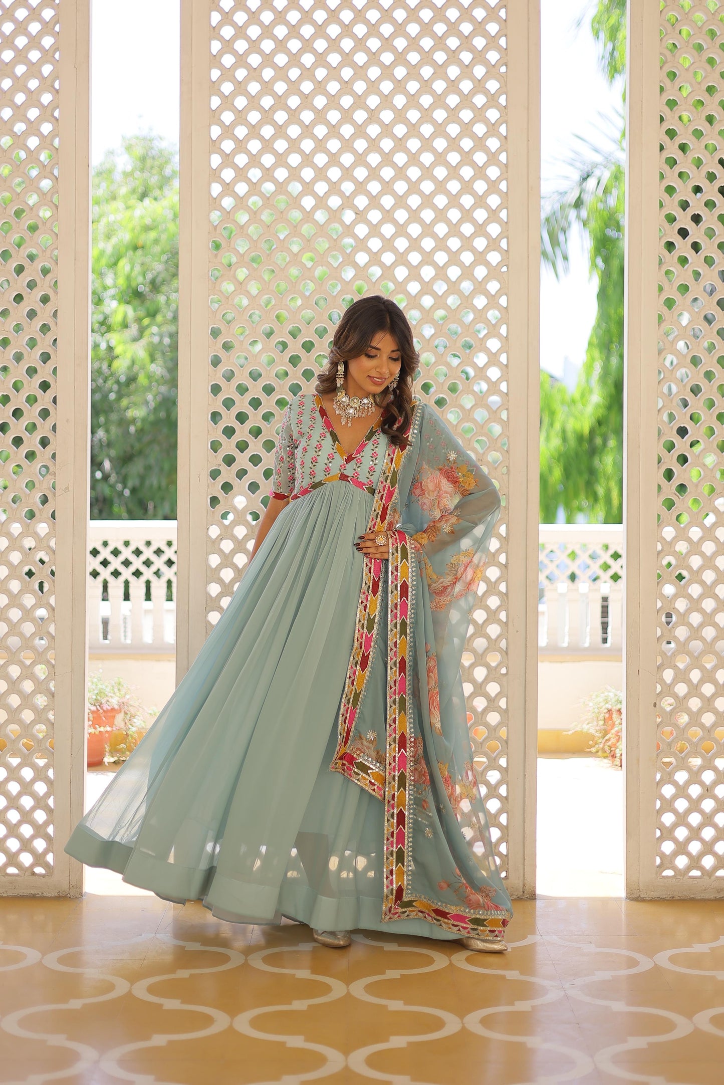 Mesmerizing Georgette Sequence Work Pista, Mehndi And Sky Color Gown