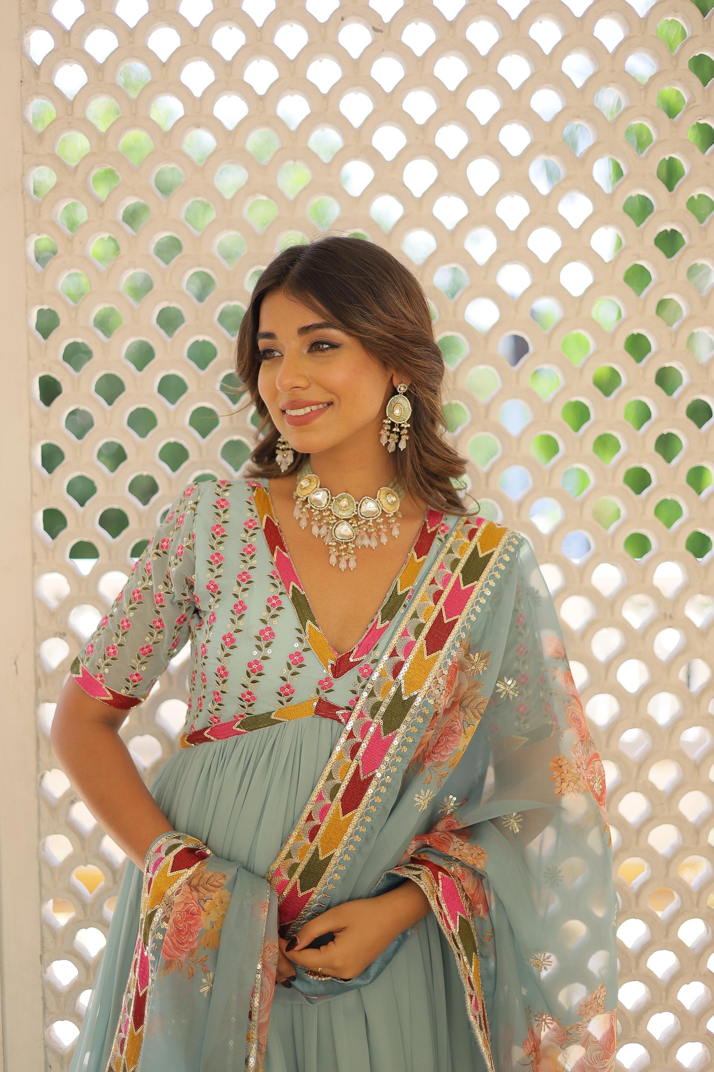 Mesmerizing Georgette Sequence Work Pista, Mehndi And Sky Color Gown