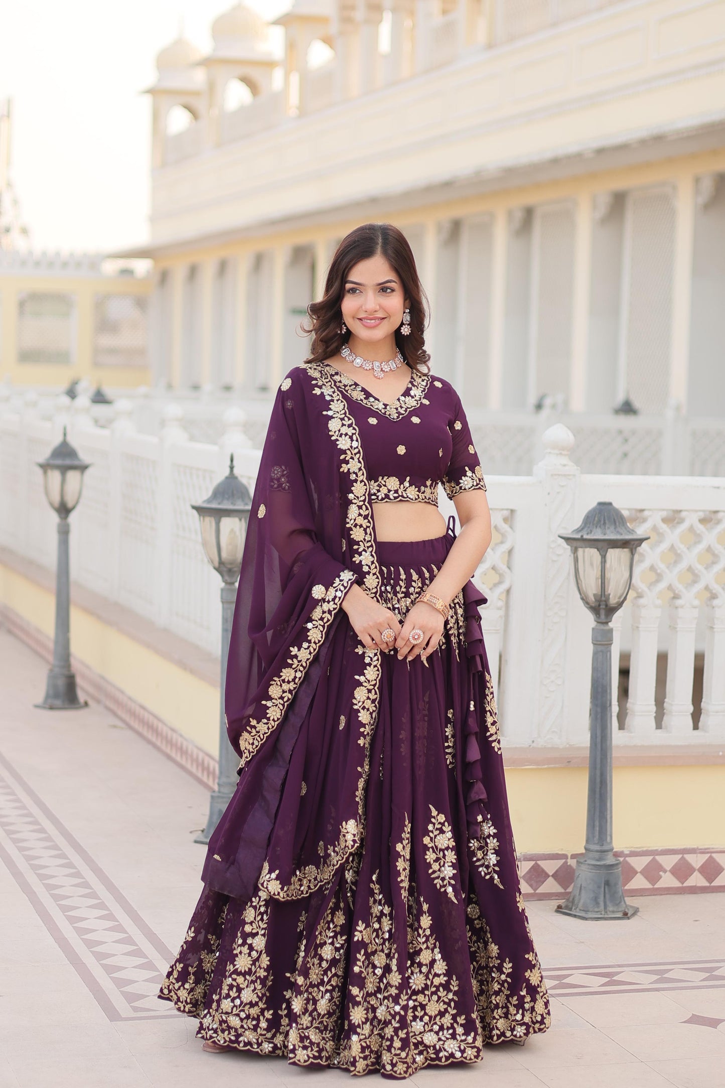 Imposing Georgette Embroidered Work Wine Color Lehenga Choli