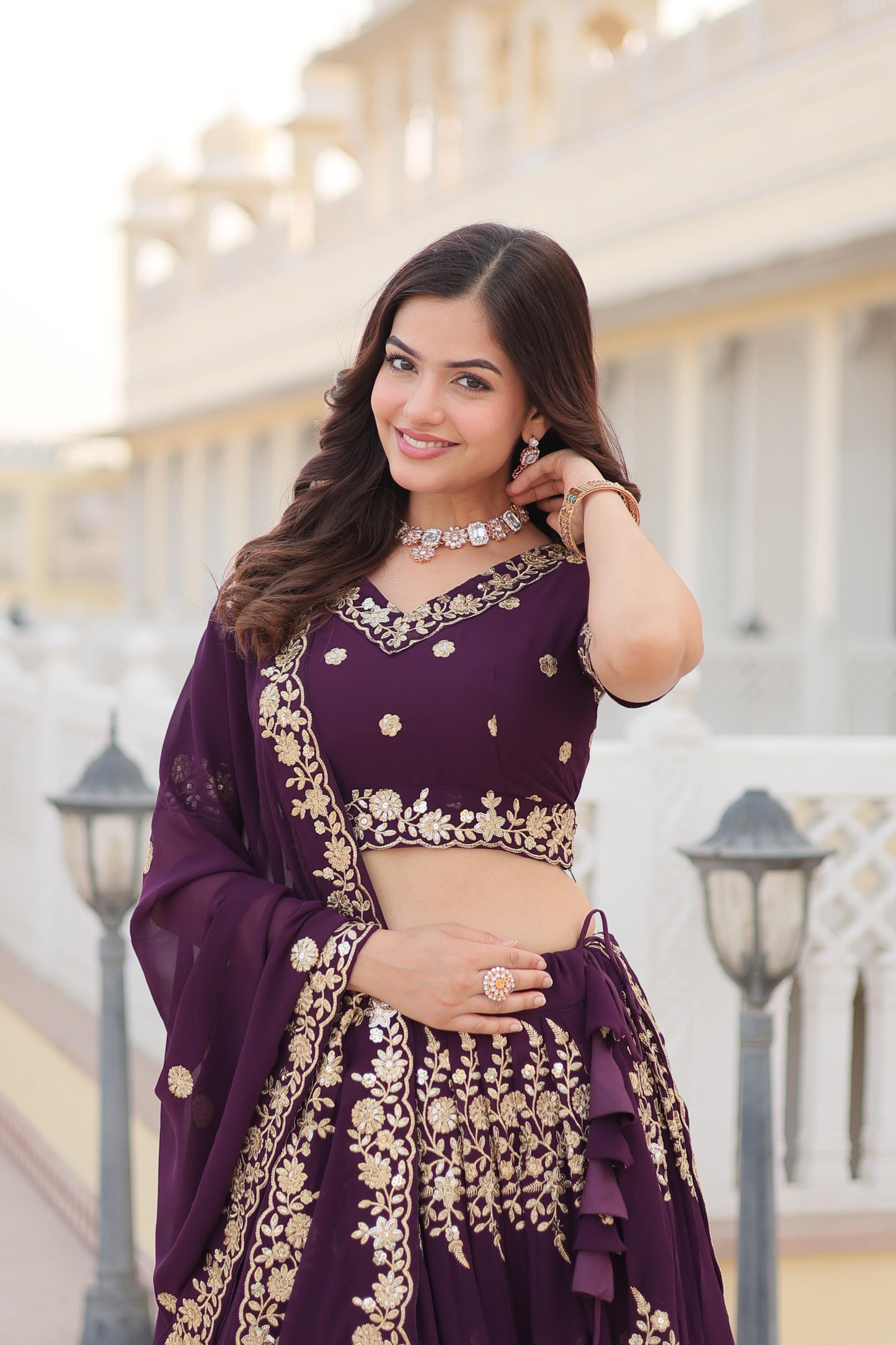 Imposing Georgette Embroidered Work Wine Color Lehenga Choli