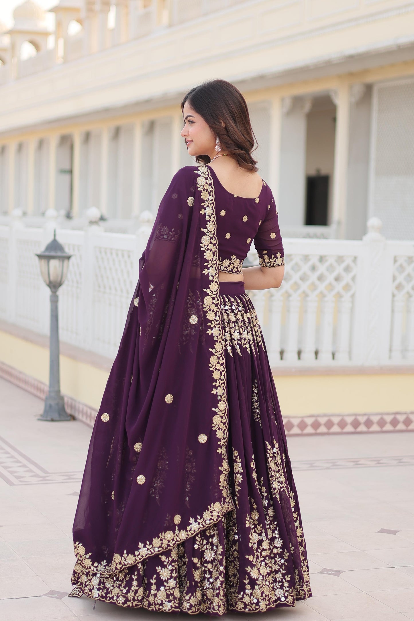 Imposing Georgette Embroidered Work Wine Color Lehenga Choli