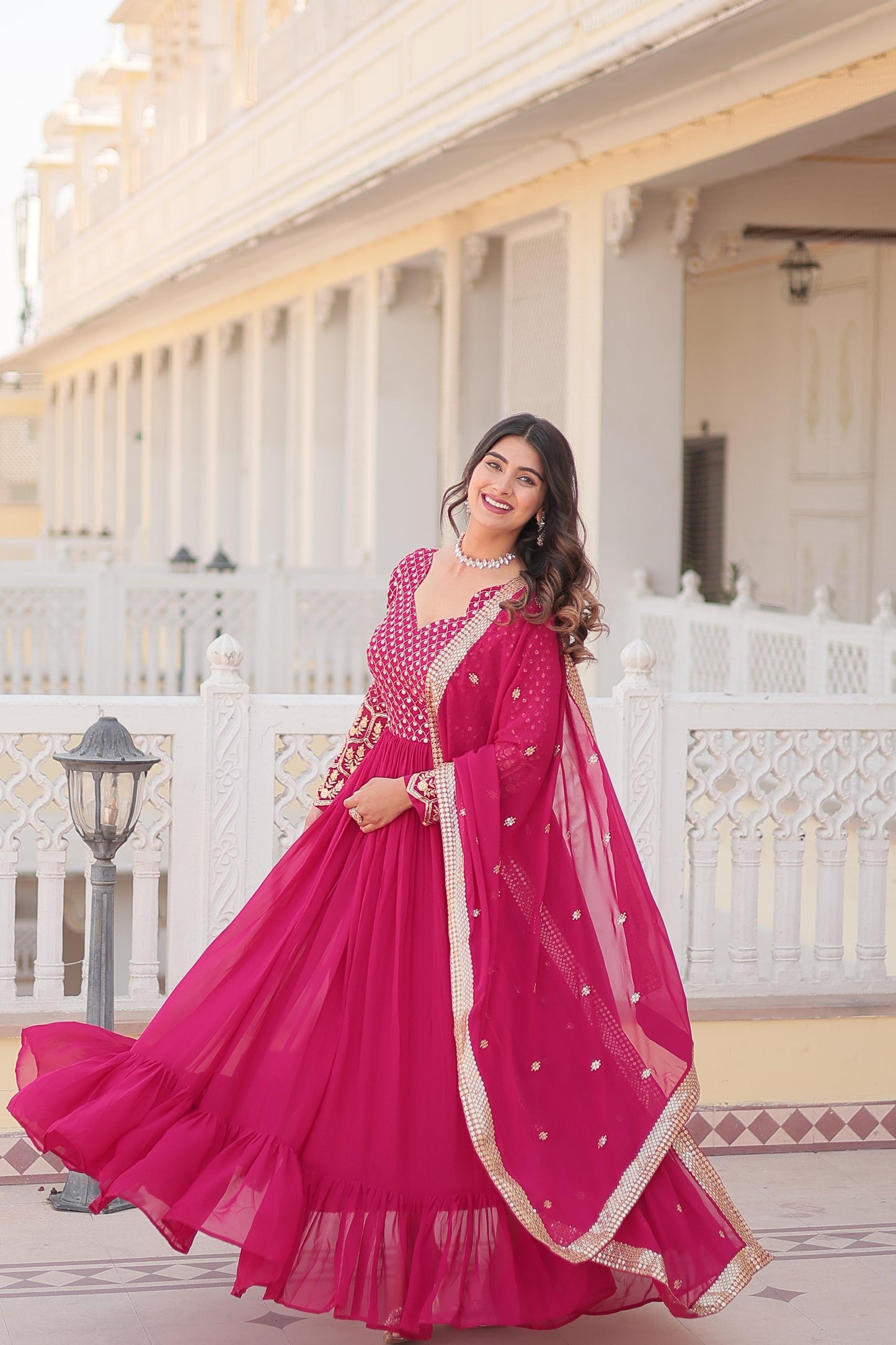 Opulent Embroidered Work Wine And Pink Color Gown