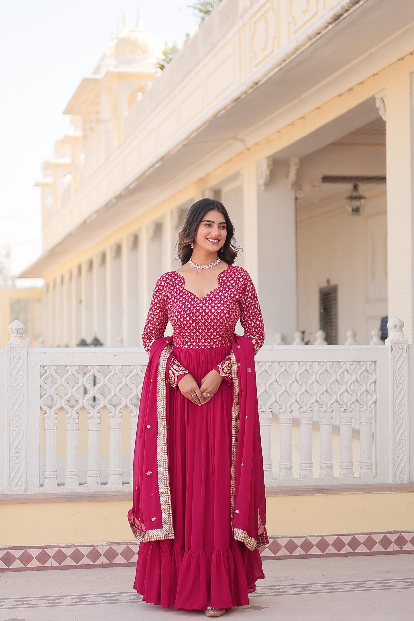 Opulent Embroidered Work Wine And Pink Color Gown