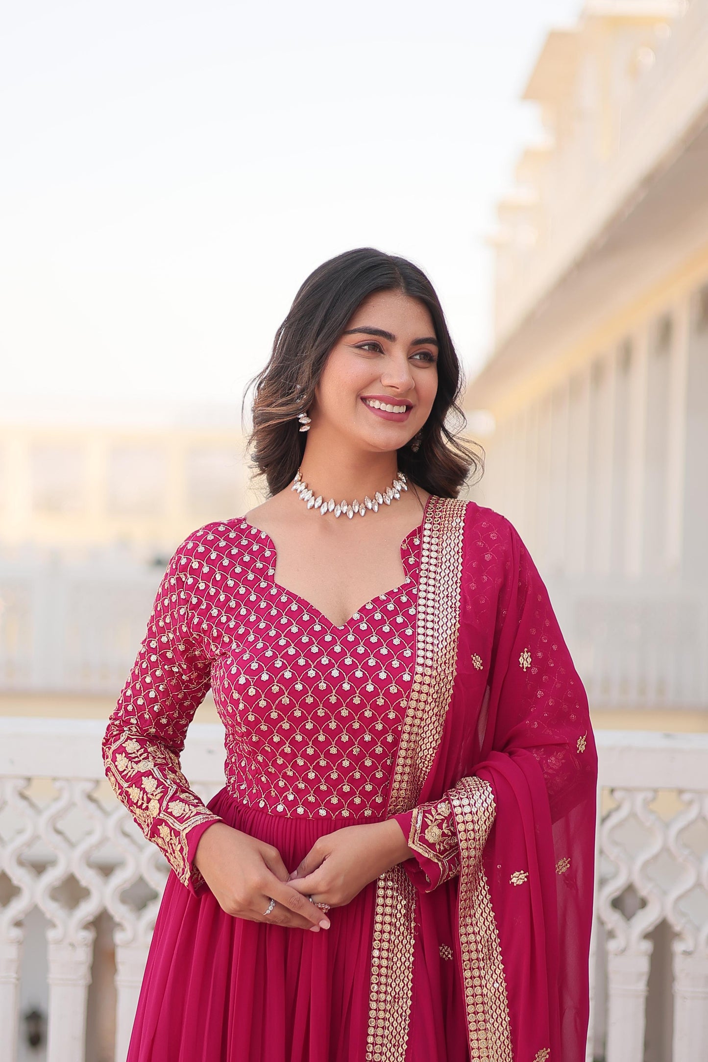 Opulent Embroidered Work Wine And Pink Color Gown