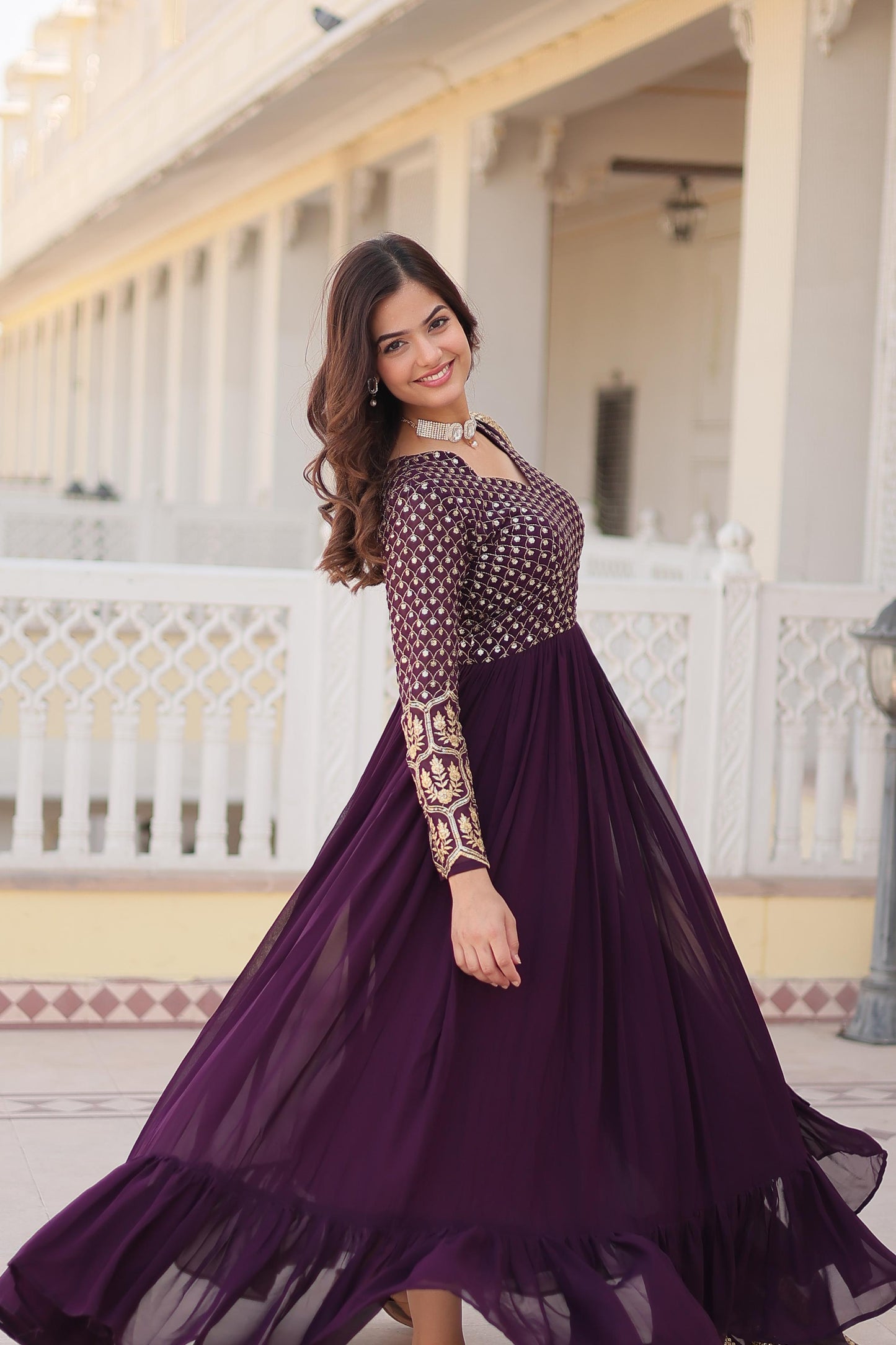 Opulent Embroidered Work Wine And Pink Color Gown