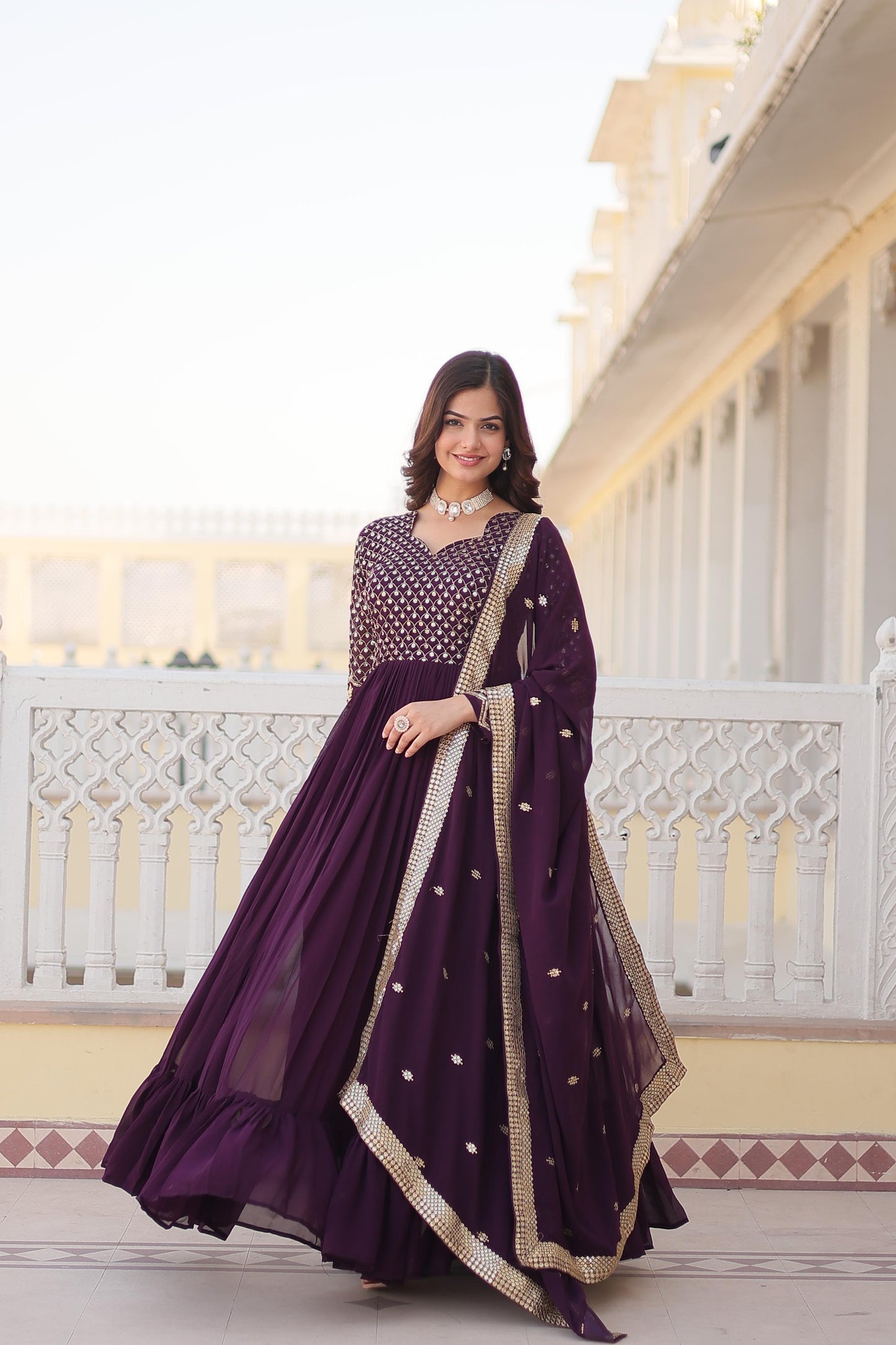 Opulent Embroidered Work Wine And Pink Color Gown