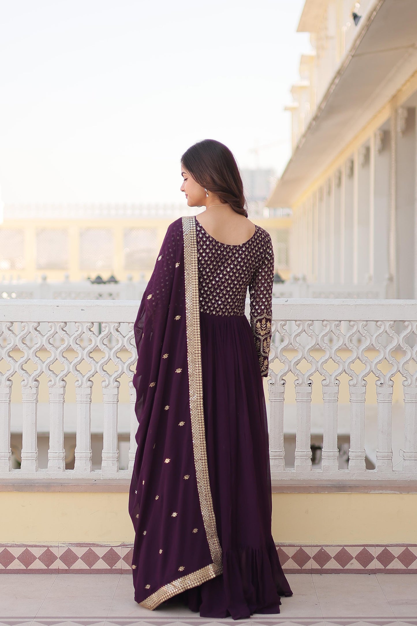 Opulent Embroidered Work Wine And Pink Color Gown