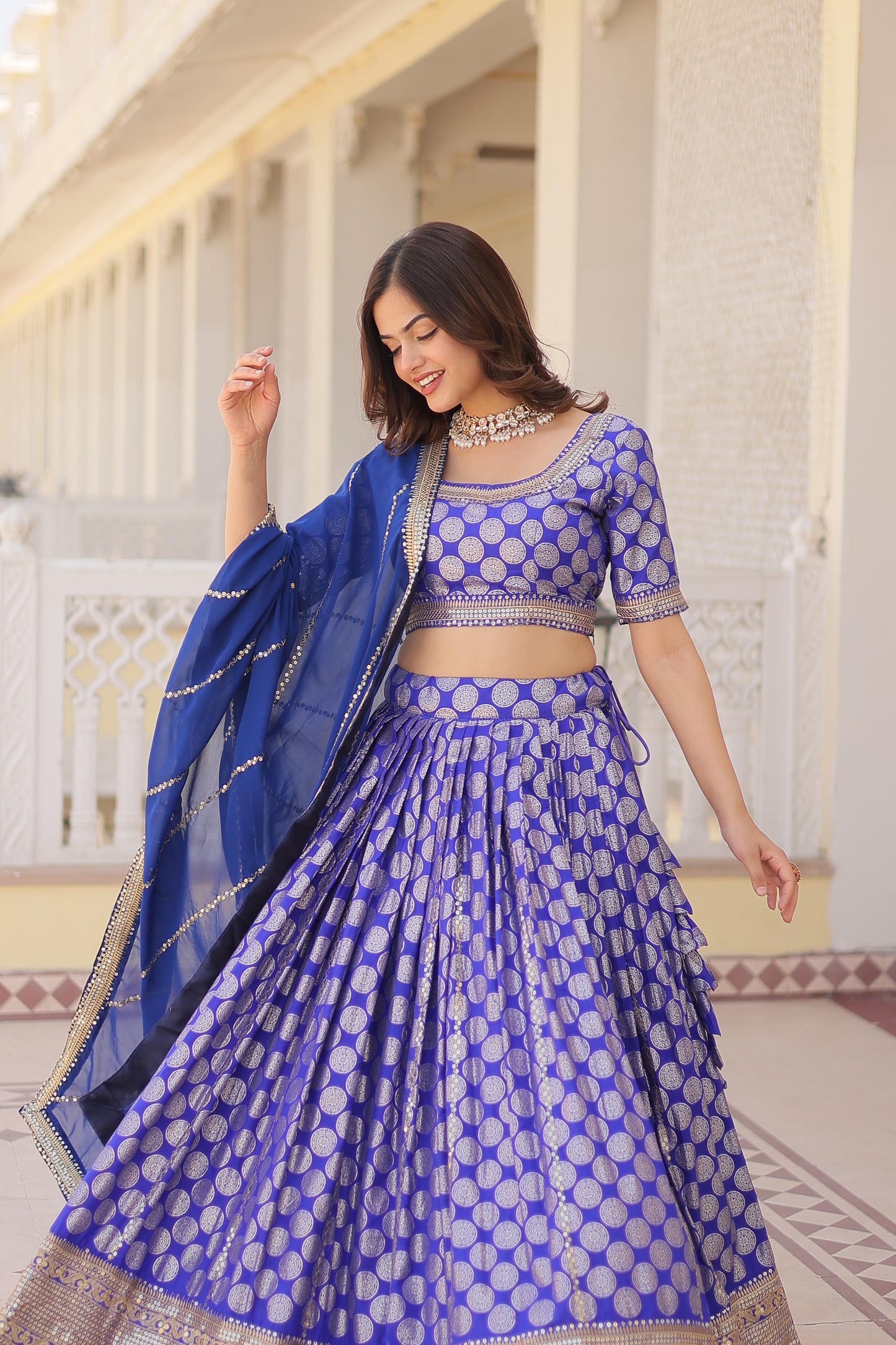 Blissful Pure Dyable Jacquard Blue, Red And Wine Color Lehenga Choli