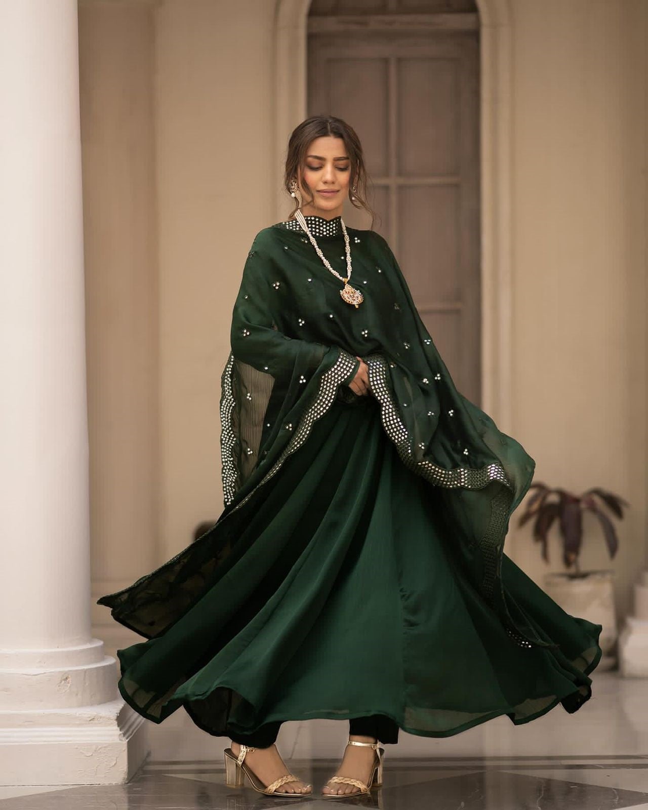 Glorious Green Color Embroidered Gown Suit Set TD-6010