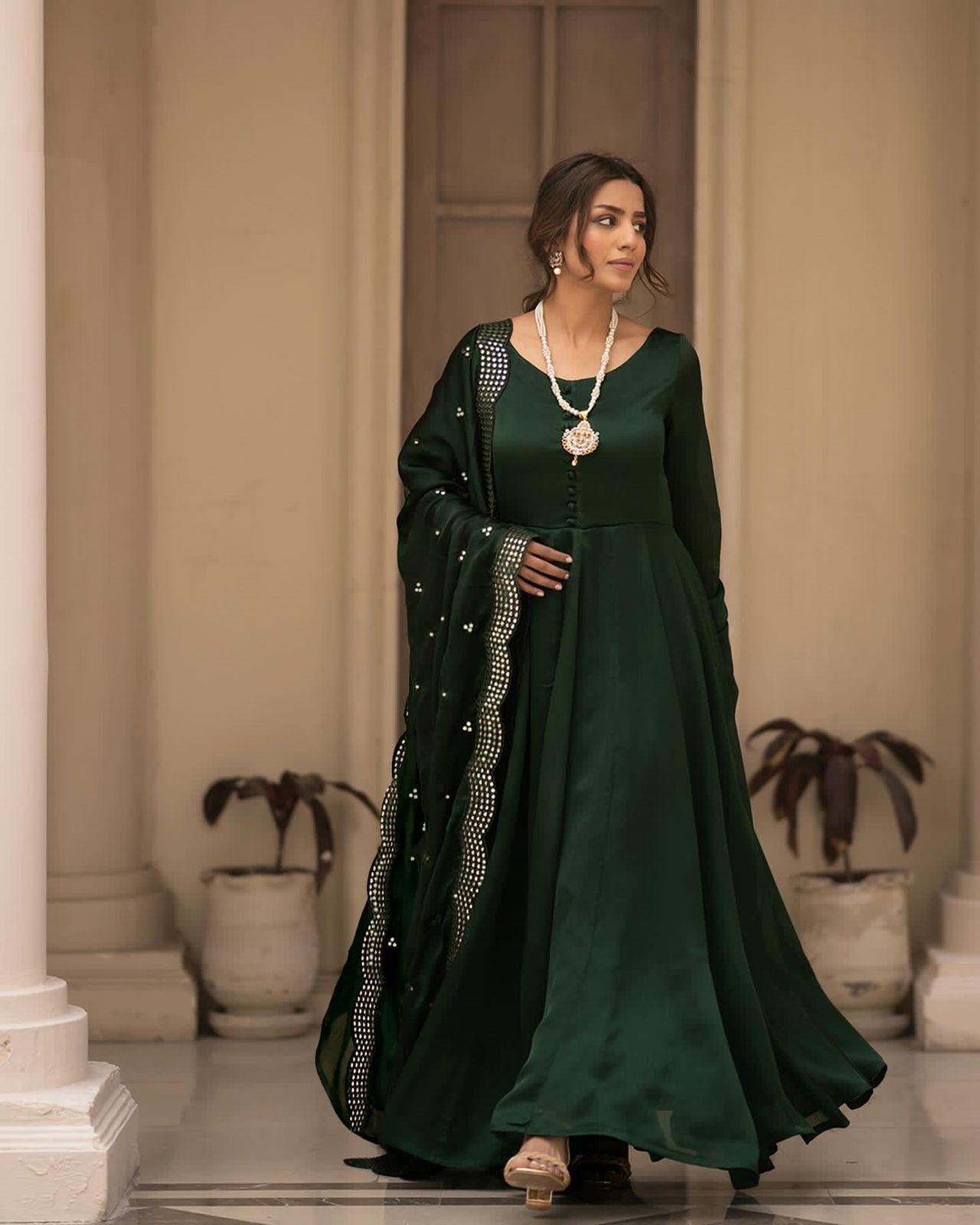 Glorious Green Color Embroidered Gown Suit Set TD-6010