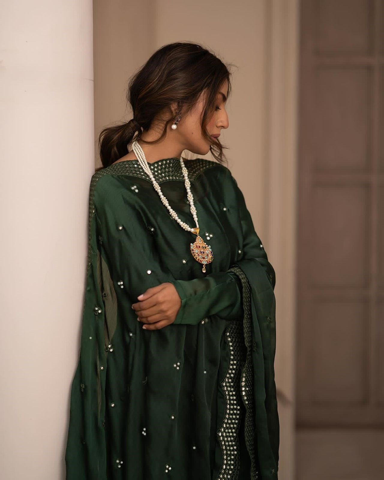 Glorious Green Color Embroidered Gown Suit Set TD-6010