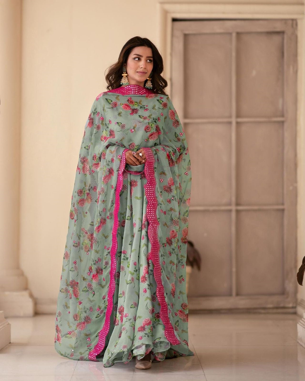 Glimmering Sinon Fabric Full Sleeves Gown Suit TD-6012