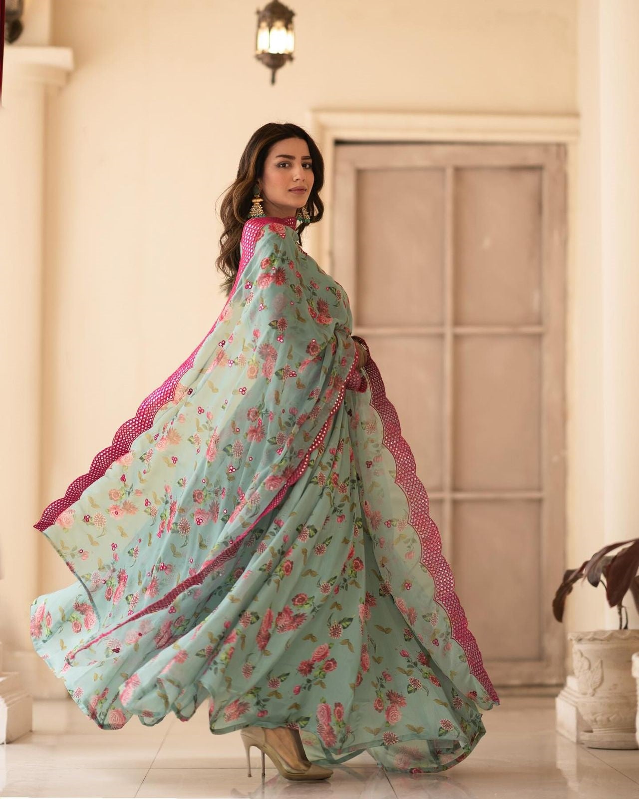 Glimmering Sinon Fabric Full Sleeves Gown Suit TD-6012