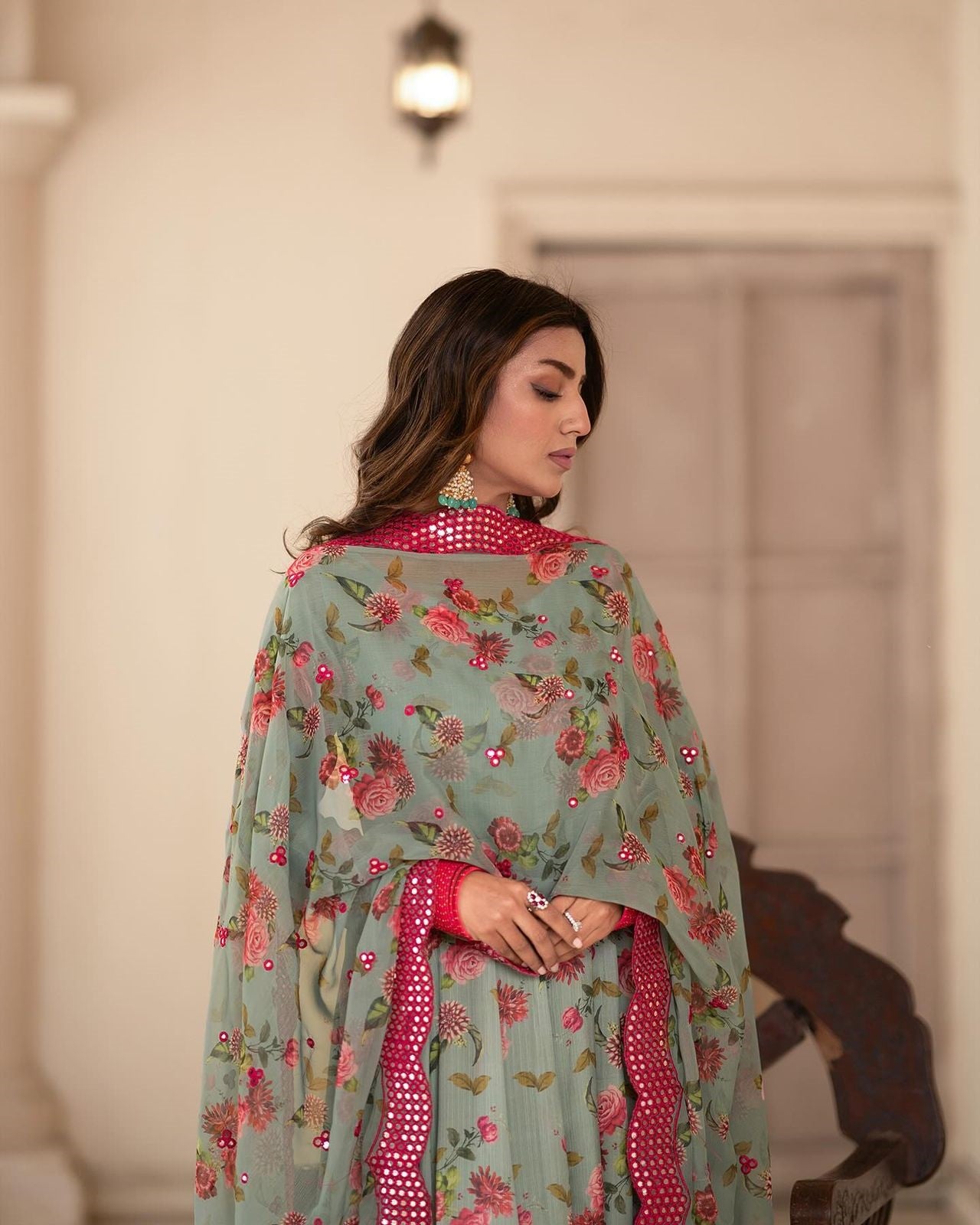 Glimmering Sinon Fabric Full Sleeves Gown Suit TD-6012