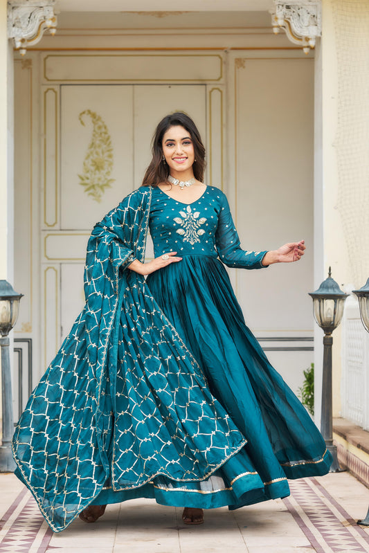 Awesome Rangoli Embroidery Work Teal Blue & Wine Color Gown