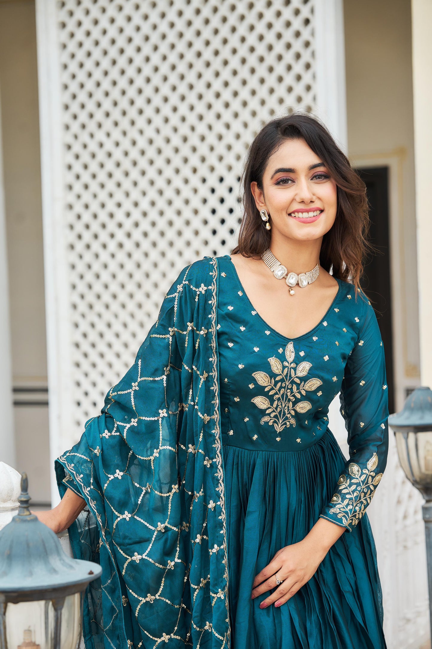 Awesome Rangoli Embroidery Work Teal Blue & Wine Color Gown