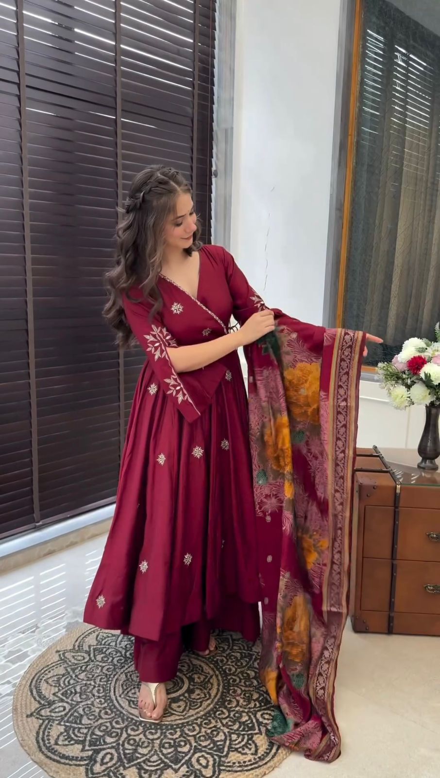 Fabulous Red Color Embroidery Work Chinnon Silk Anarkali Gown