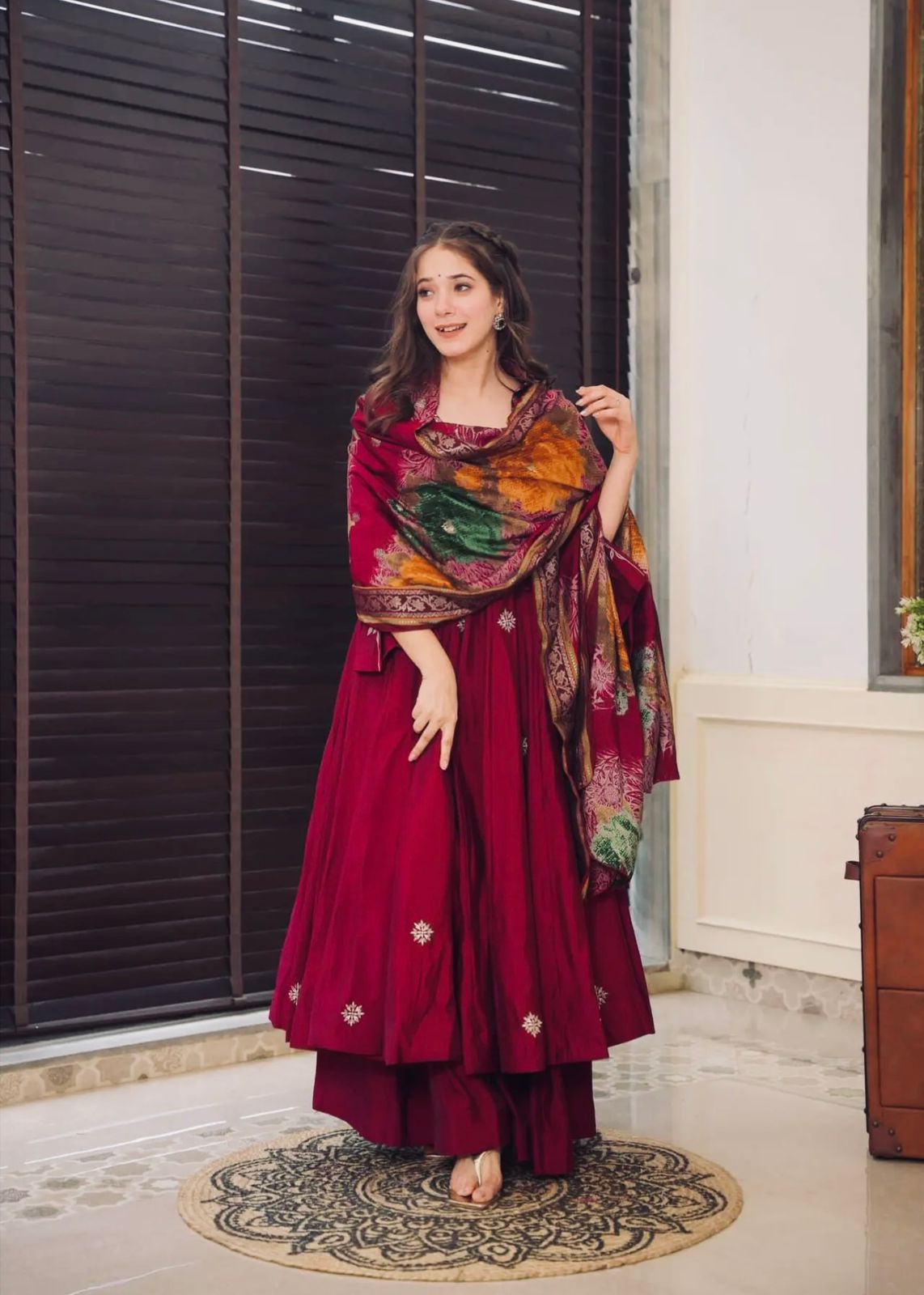 Fabulous Red Color Embroidery Work Chinnon Silk Anarkali Gown
