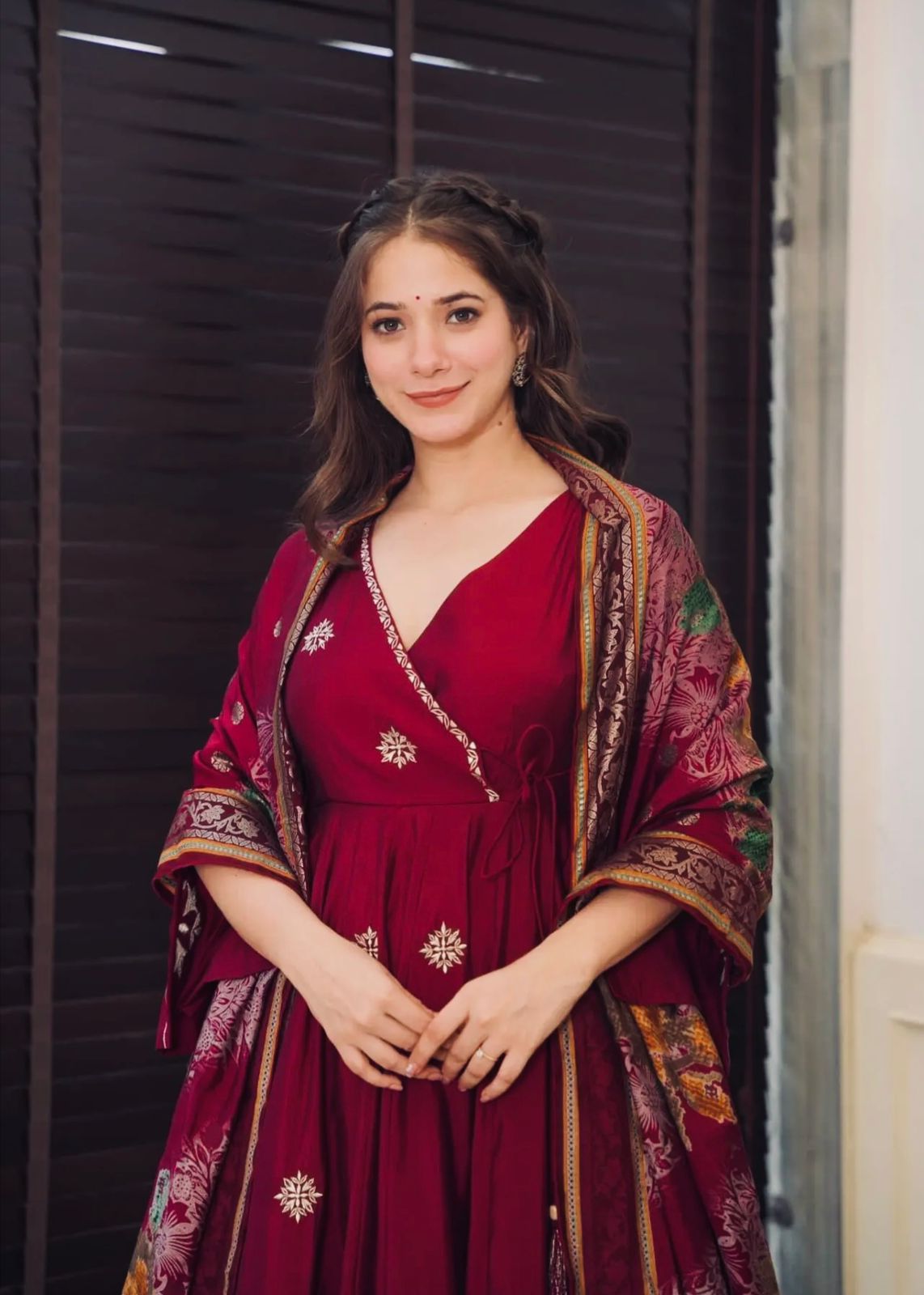 Fabulous Red Color Embroidery Work Chinnon Silk Anarkali Gown