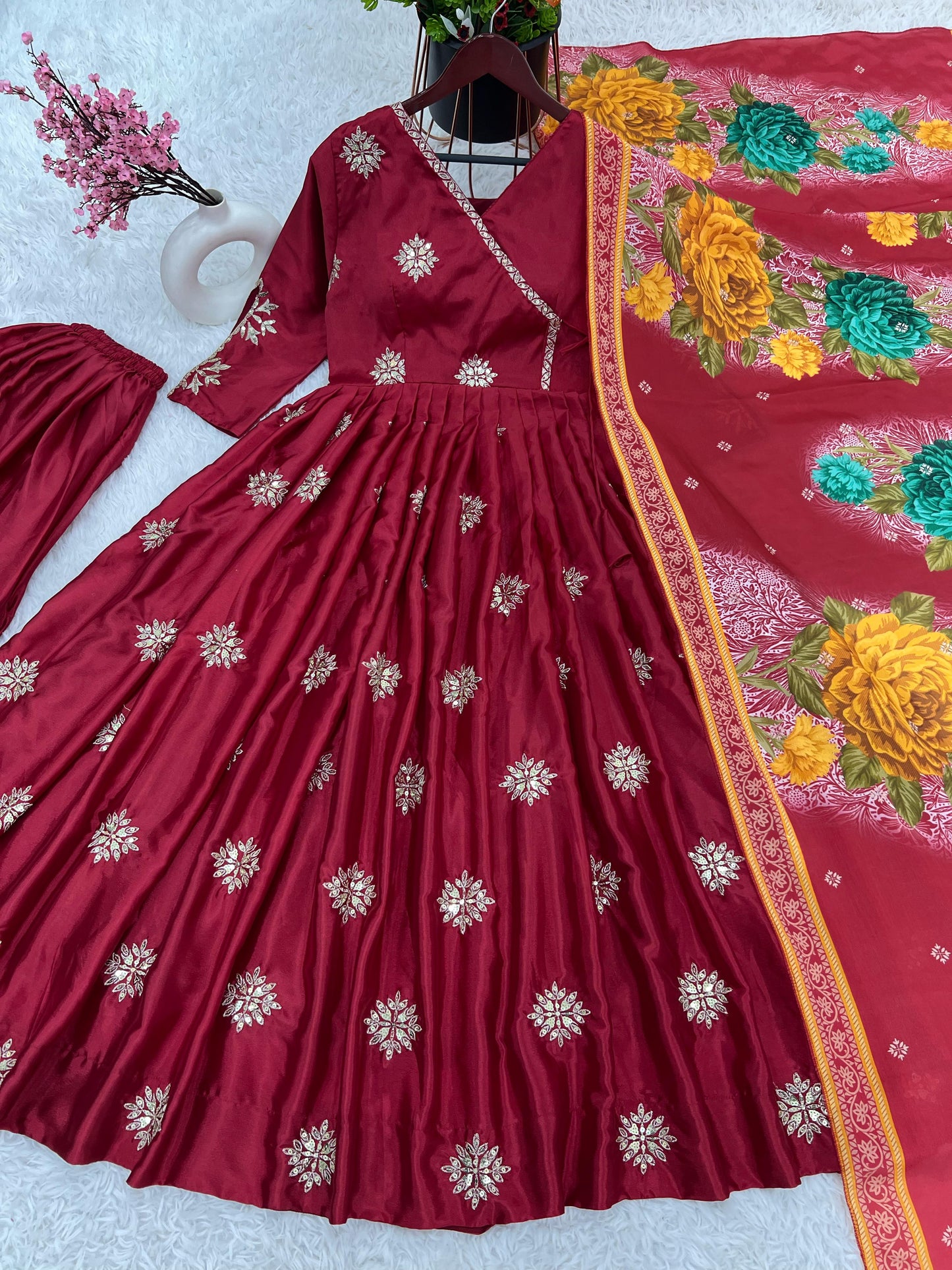 Fabulous Red Color Embroidery Work Chinnon Silk Anarkali Gown