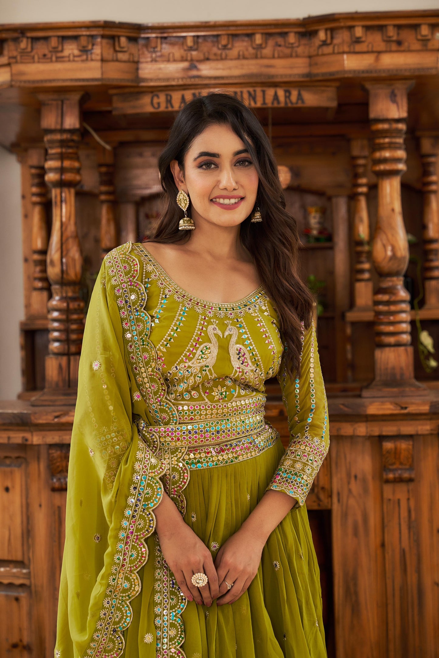 Wedding Wear Georgette Mehndi & Purple Color Lehenga Choli