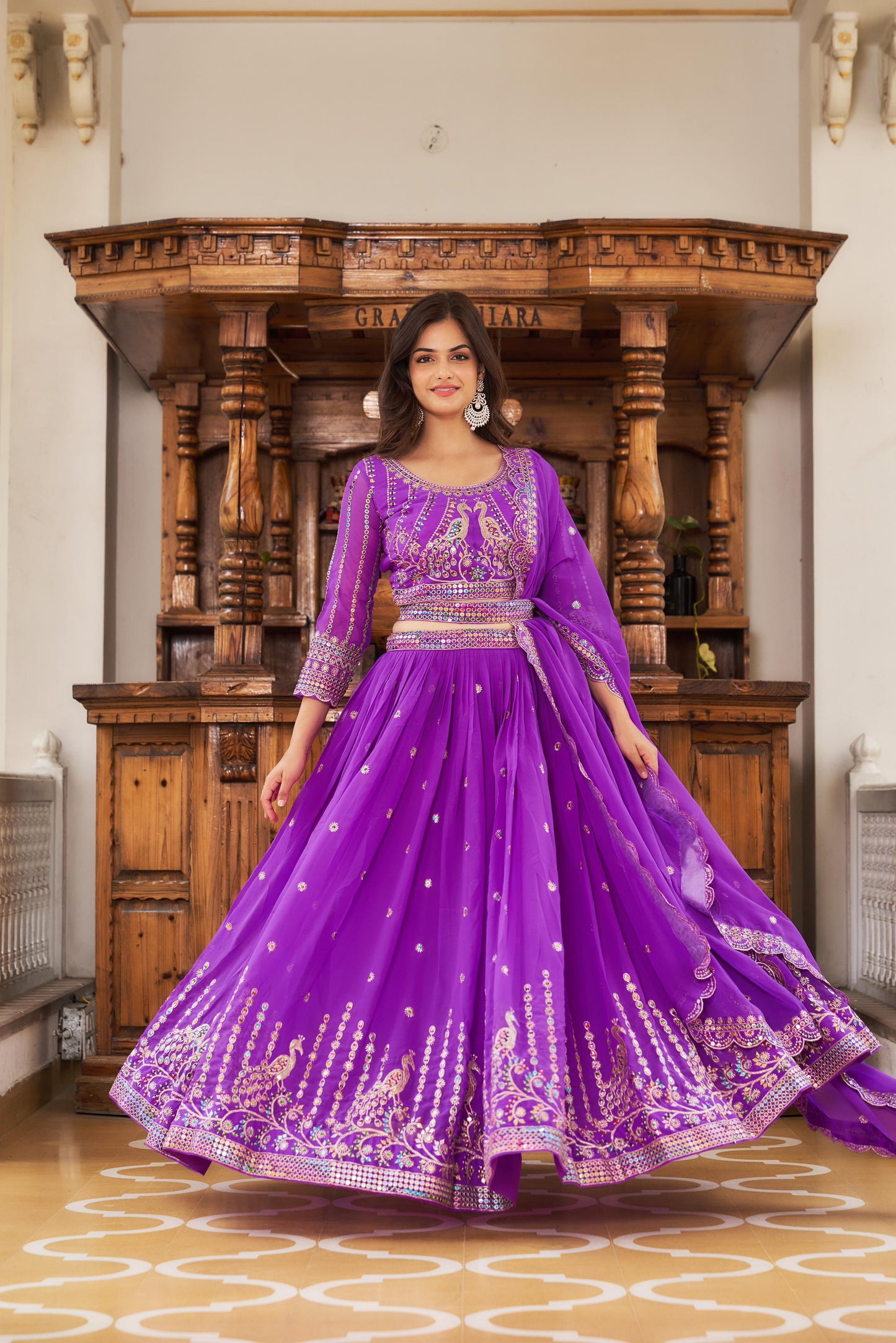 Wedding Wear Georgette Mehndi & Purple Color Lehenga Choli