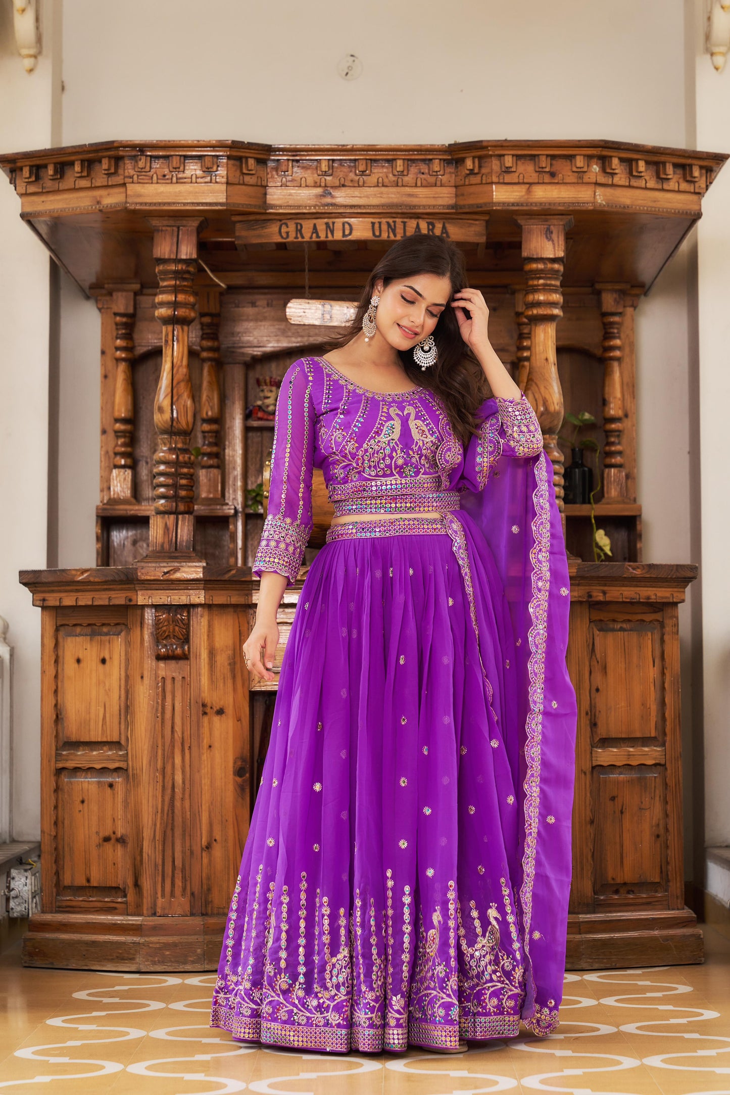 Wedding Wear Georgette Mehndi & Purple Color Lehenga Choli