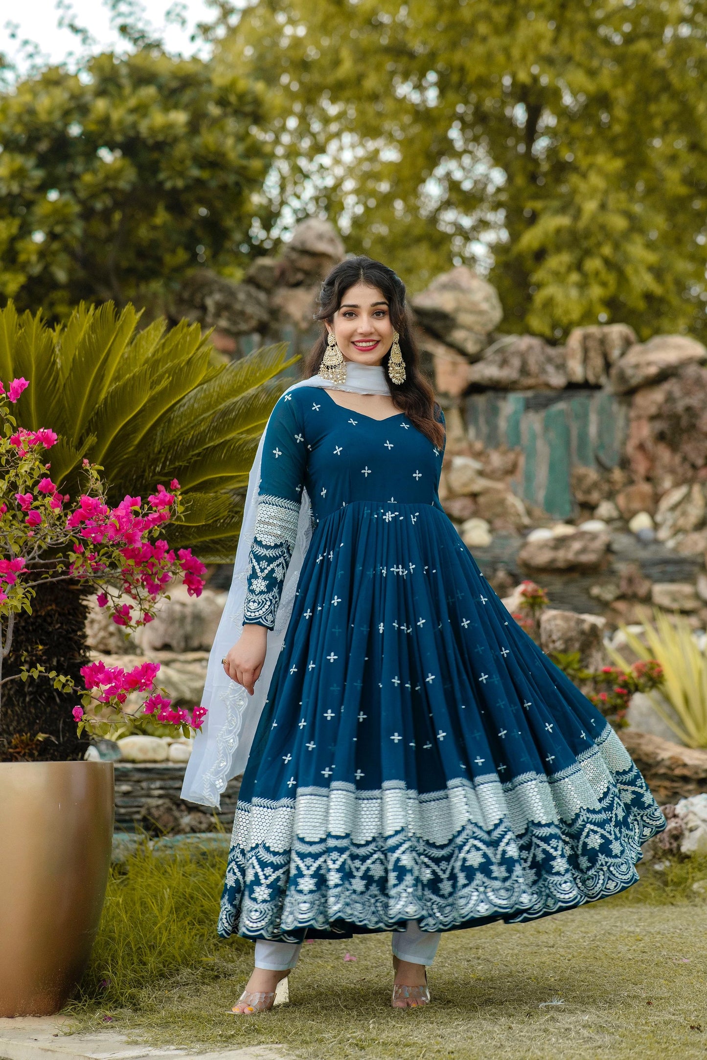 Presenting Georgette Teal Blue Anarkali Suit TD-6018