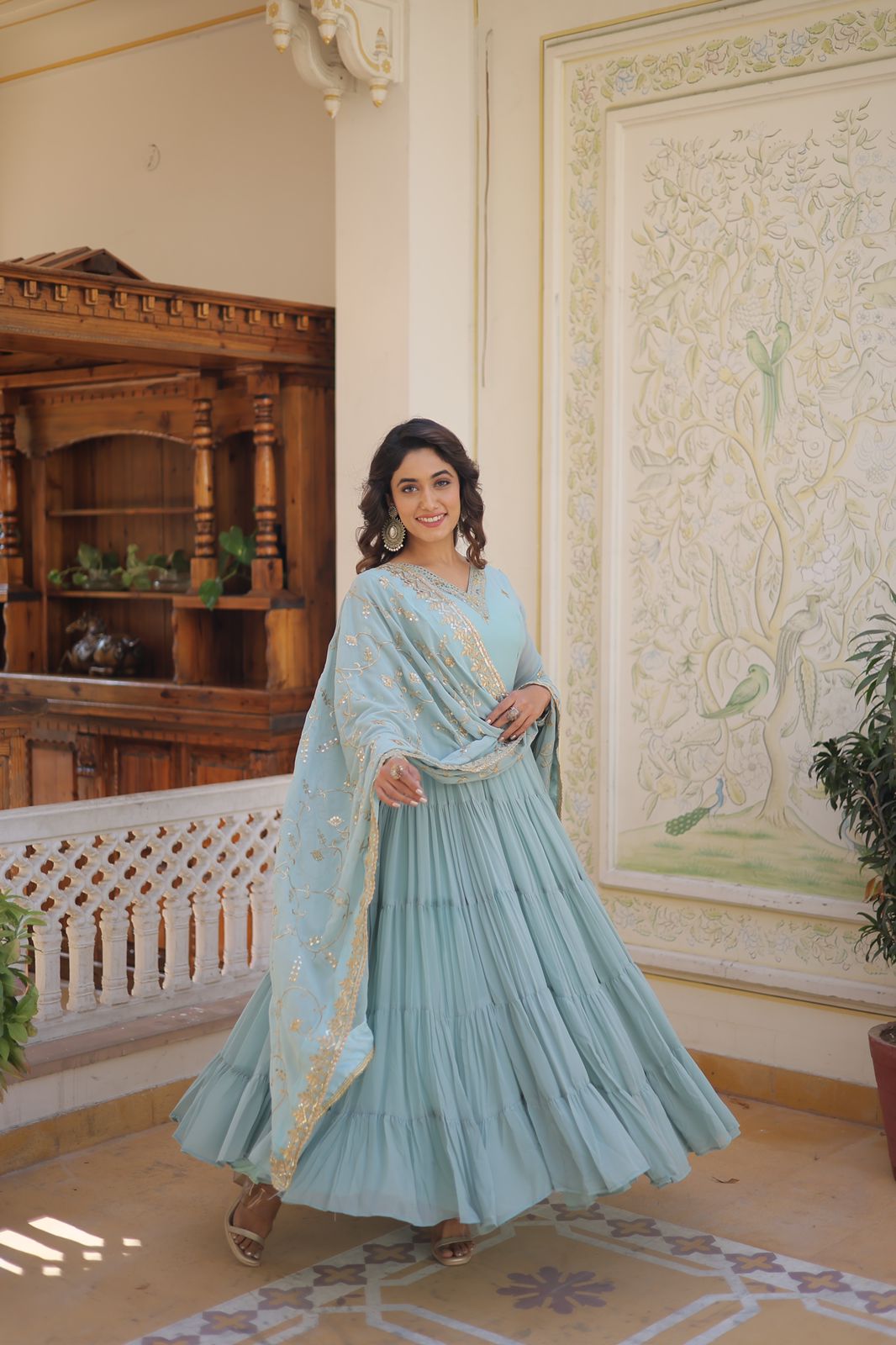 Luxuriant Ruffle Mehndi, Sky Blue, Yellow And Lavendar Color Gown