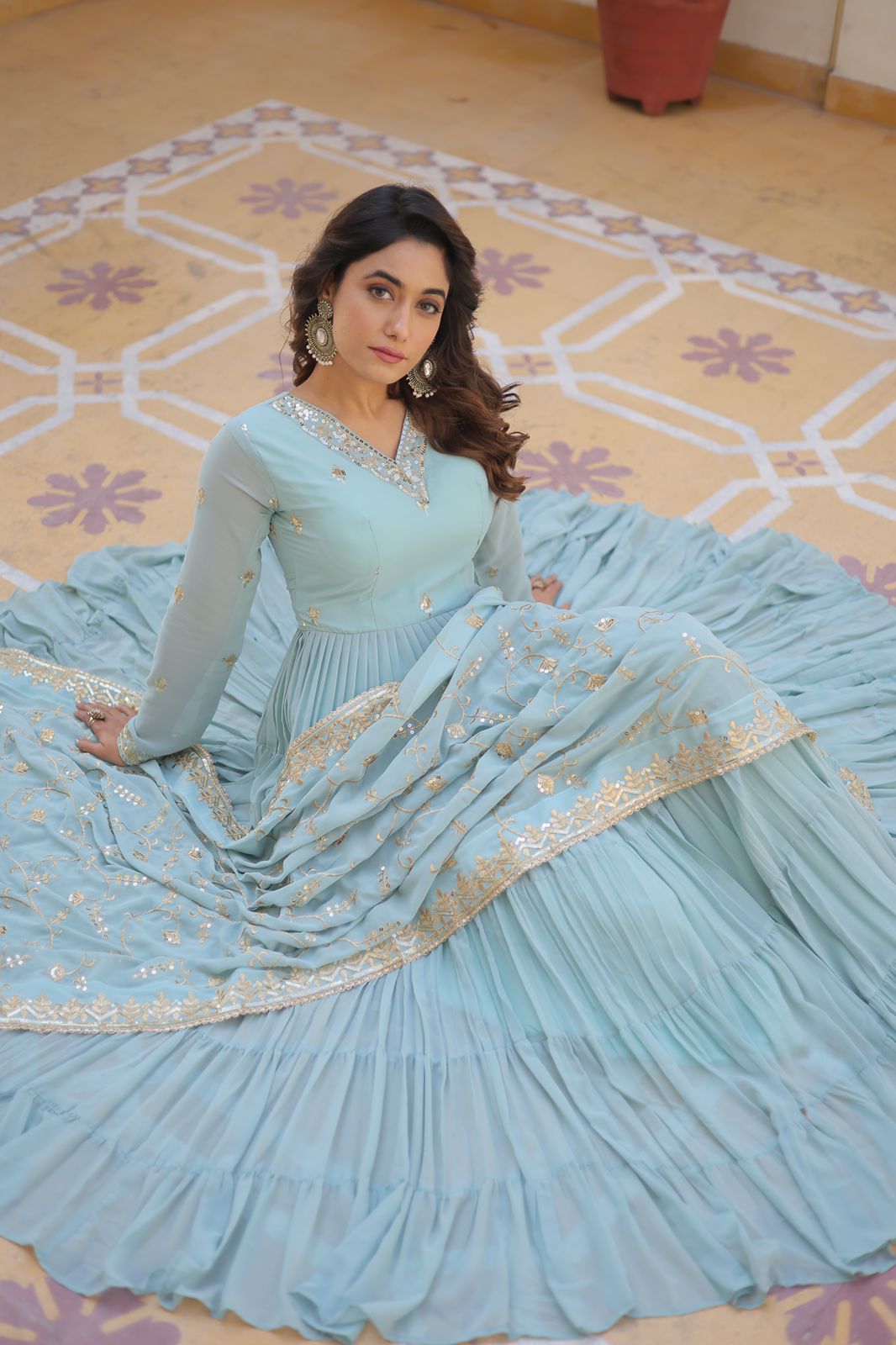 Luxuriant Ruffle Mehndi, Sky Blue, Yellow And Lavendar Color Gown