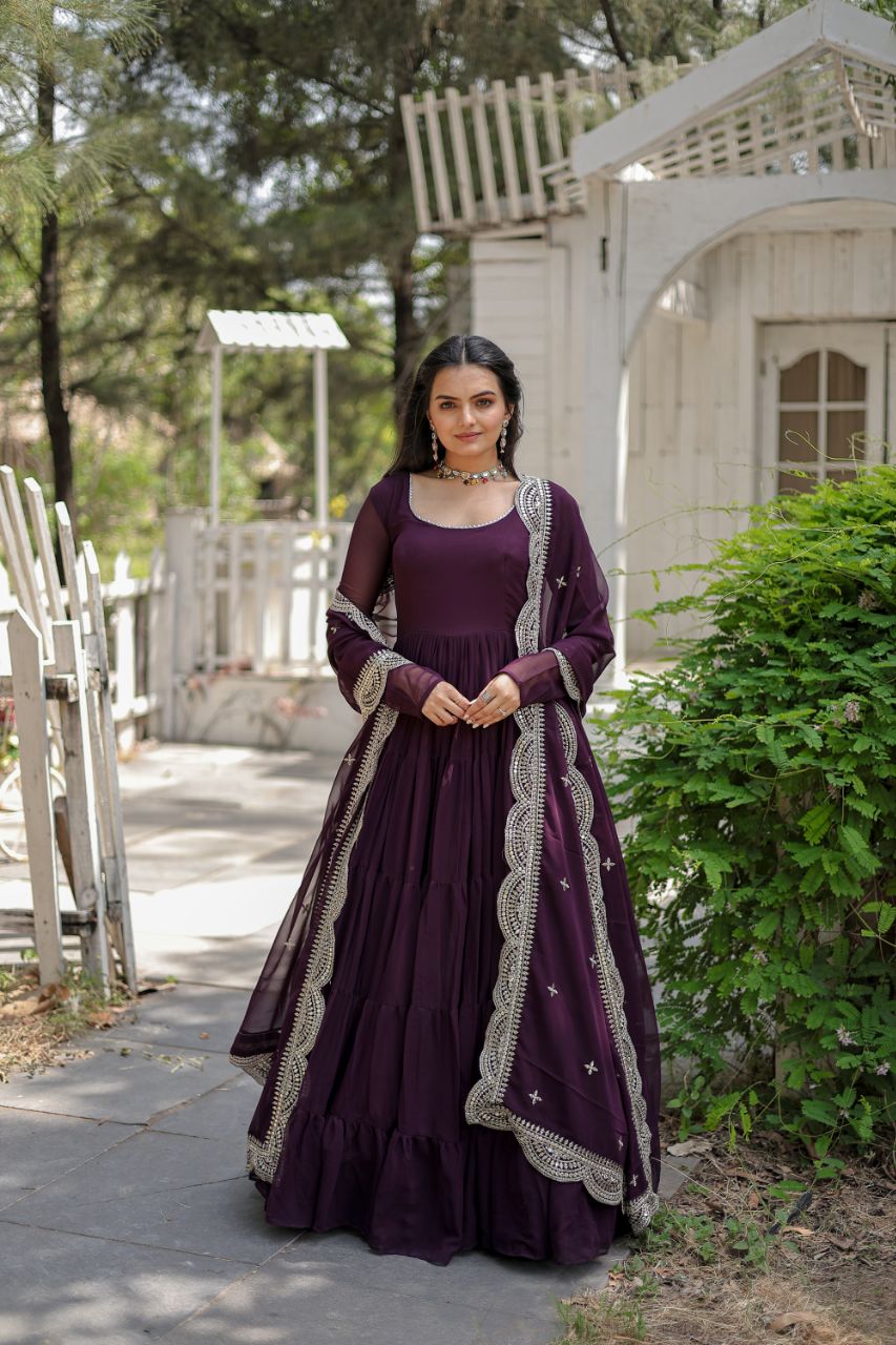 Precious Round Neck Mehndi, White And Maroon Color Gown With Heavy Dupatta