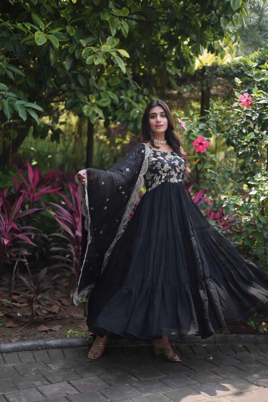 Festive Wear Pink And Black Color Jacquard Work Gown