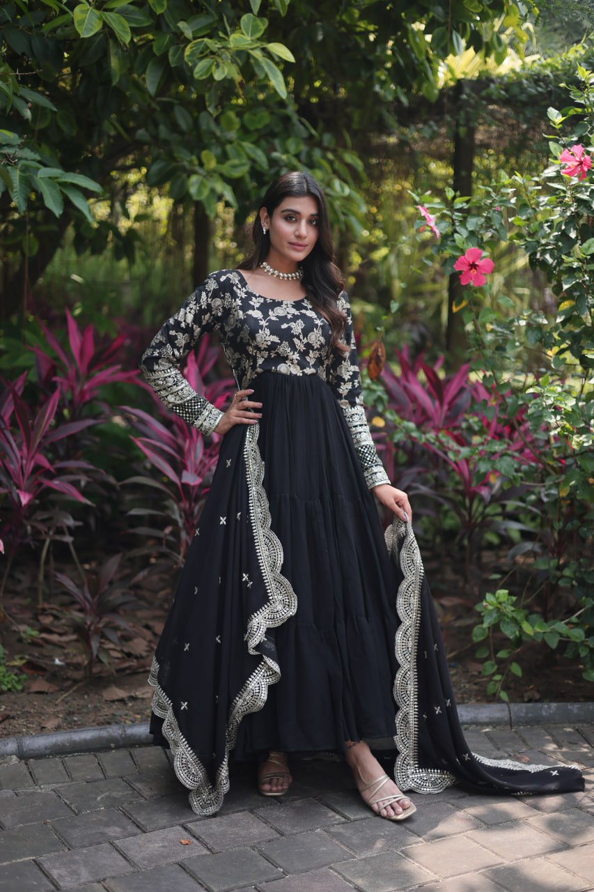 Festive Wear Pink And Black Color Jacquard Work Gown