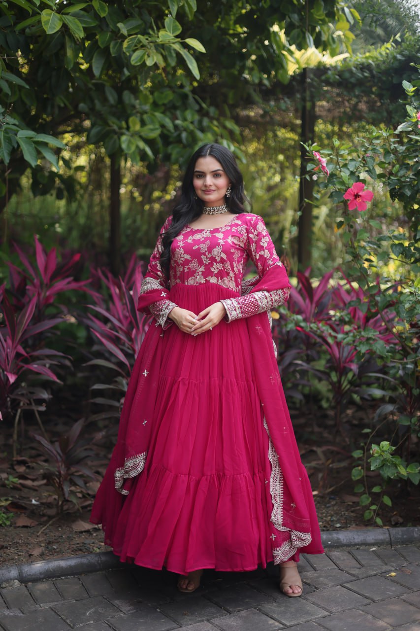 Festive Wear Pink And Black Color Jacquard Work Gown