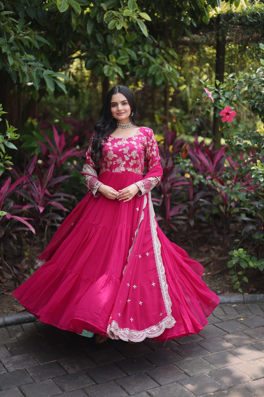 Festive Wear Pink And Black Color Jacquard Work Gown