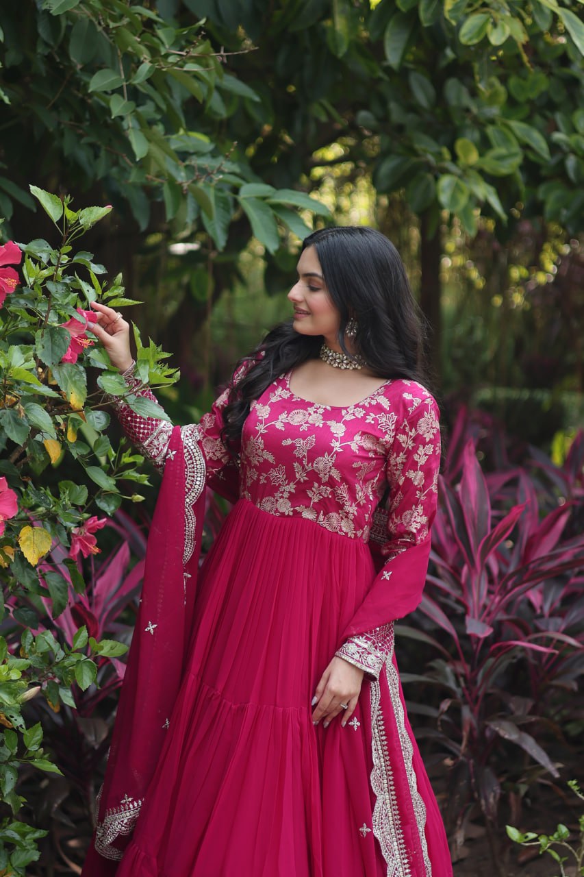 Festive Wear Pink And Black Color Jacquard Work Gown