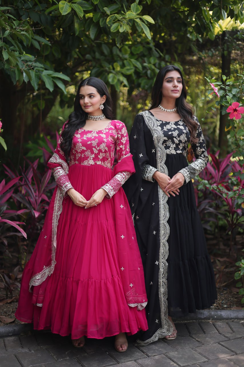 Festive Wear Pink And Black Color Jacquard Work Gown