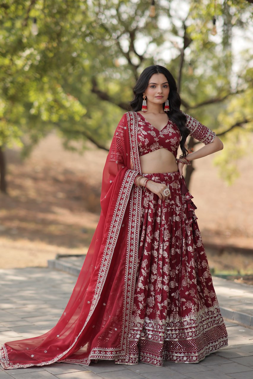 Weeding Wear Yellow And Maroon Color Jacquard Sequence Work Lehenga Choli
