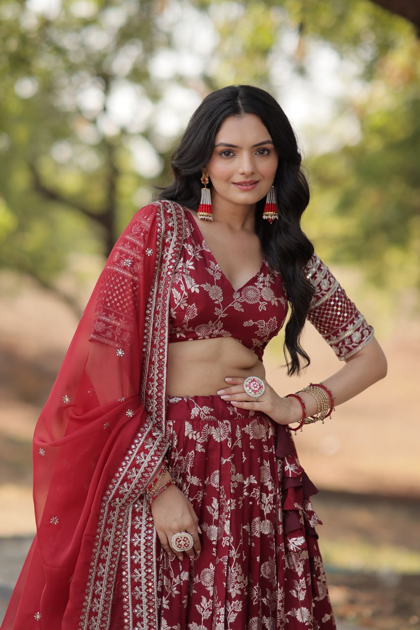 Weeding Wear Yellow And Maroon Color Jacquard Sequence Work Lehenga Choli