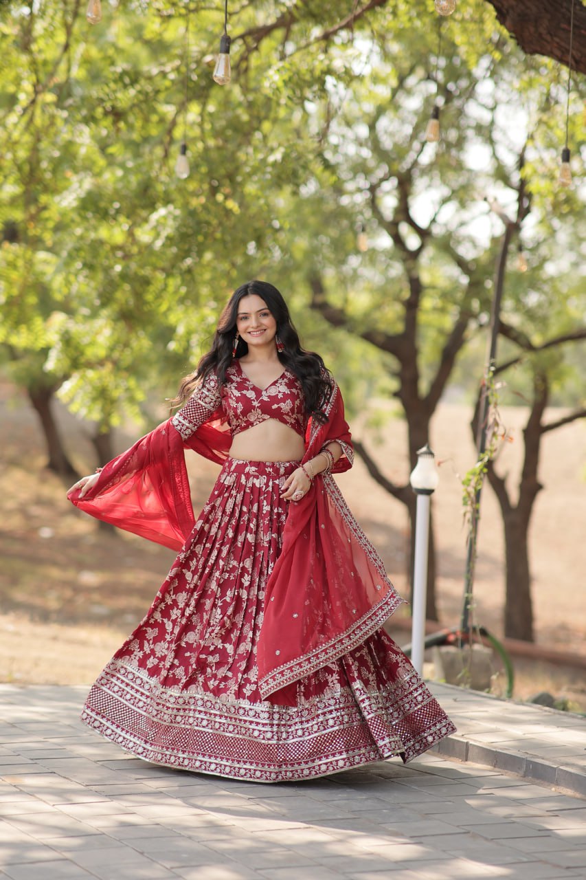 Weeding Wear Yellow And Maroon Color Jacquard Sequence Work Lehenga Choli