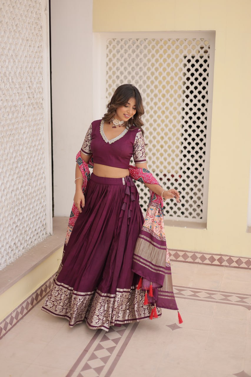 Designer Viscose Jequard Wine & Black Color Lehenga Choli
