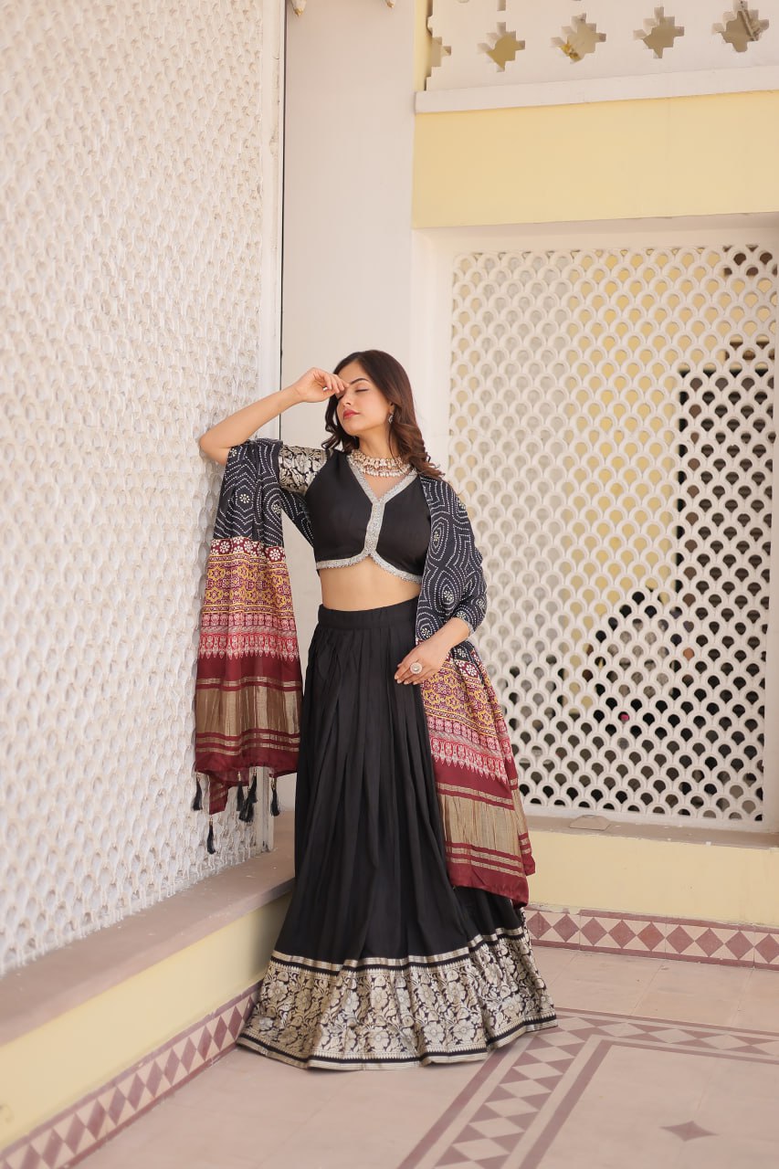 Designer Viscose Jequard Wine & Black Color Lehenga Choli