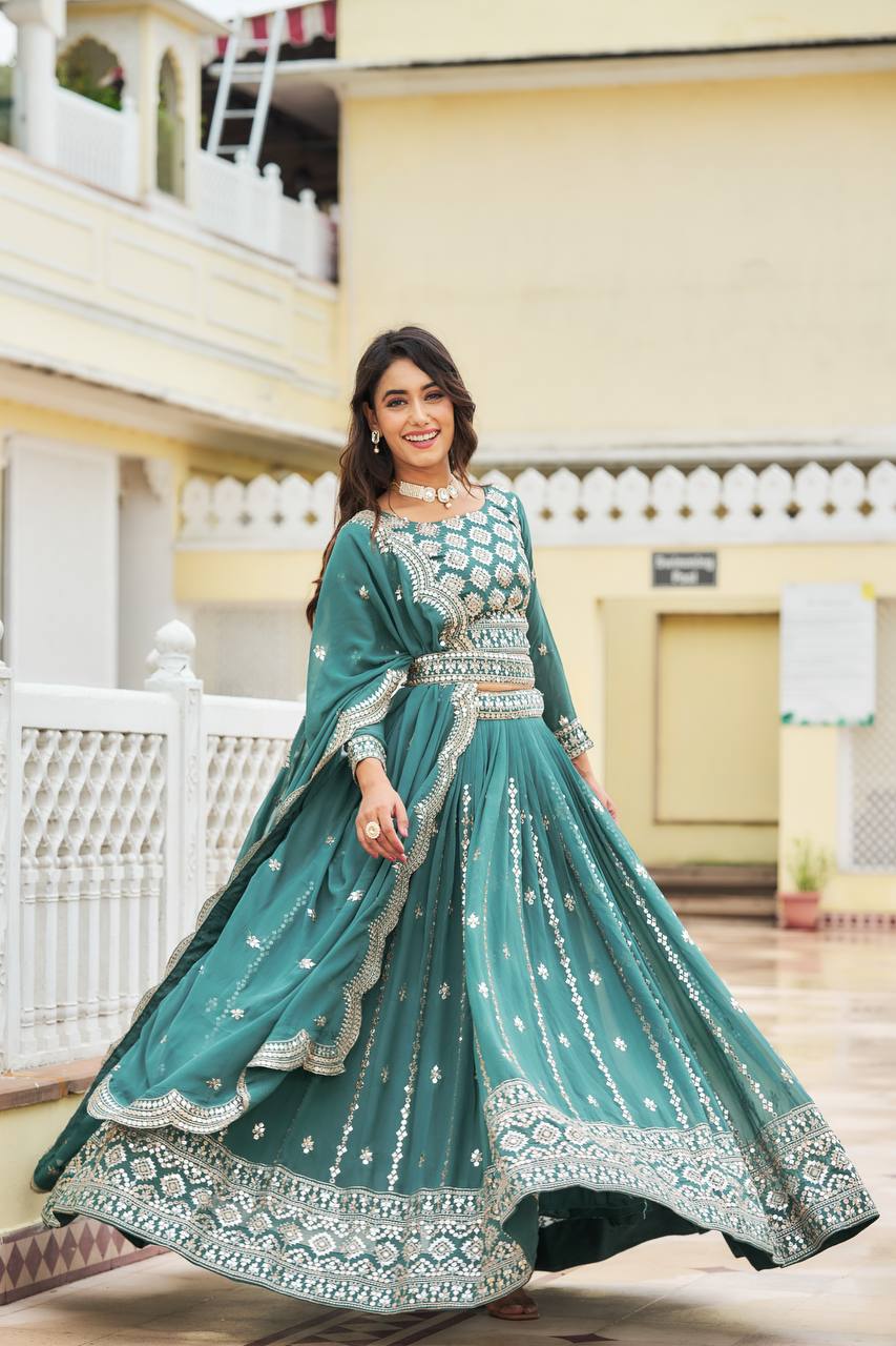 Luxuriant Sky & Pink Color Georgette Lehenga Choli